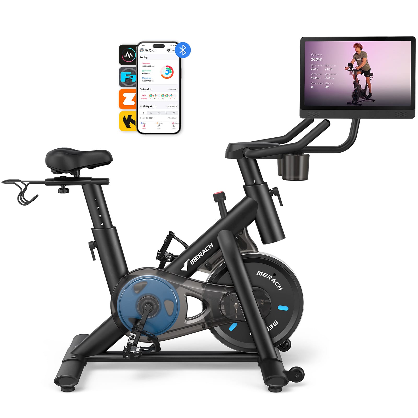 MERACH - S26 Stationary Exercise Bike with 1080P HD screen Low Noise with 330lbs Weight Capacity Flywheel Weight 40lbs - Black