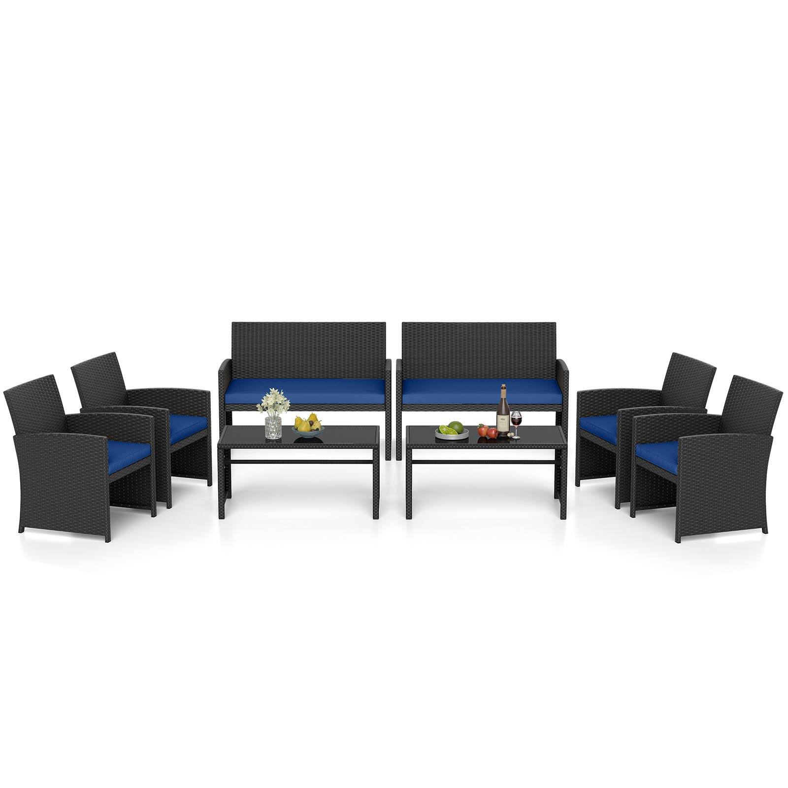 Alt View 8. Gymax - Gymax Set of 8 Patio Conversation Set w/Seat Cushions & Tempered Glass Tabletop Porch Outdoor Navy - Navy.