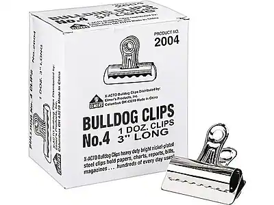 BULLDOG CLIPS
No. 4
PRODUCT NO. 2004
1 DOZ. CLIPS
3" LONG
X-ACTO Bulldog Clips heavy duty bright nickel-plated steel clips hold papers, charts, reports, bills, magazines ... hundreds of every day uses!
X-ACTO Bulldog Clips Distributed by:
Elmer's Products, Inc.
Columbus, Ohio 43219
Made in China
BULLDOG CLIPS