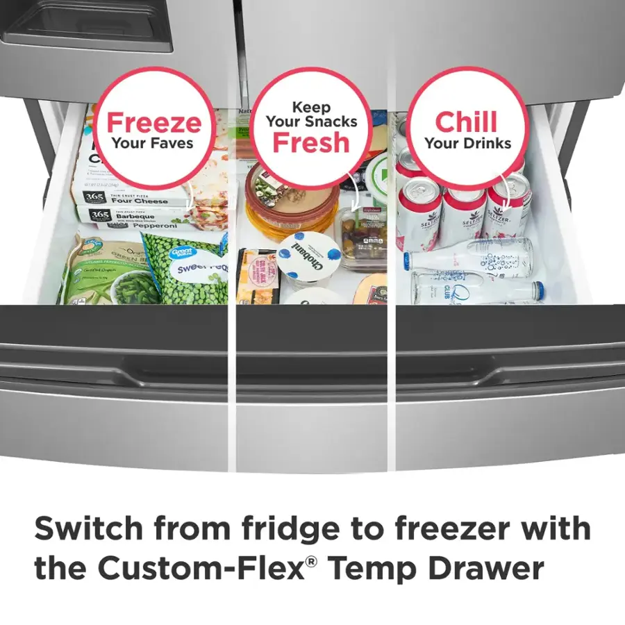 The text on the image is grouped and corrected as follows:

1. Freeze Your Faves: Keep Your Snacks Fresh
2. Chill Your Drinks: Switch from fridge to freezer with the Custom-Flex Temp Drawer
3. Freeze Your Faves: Keep Your Snacks Fresh
4. Chill Your Drinks: Switch from fridge to freezer with the Custom-Flex Temp Drawer
5. Freeze Your Faves: Keep Your Snacks Fresh
6. Chill Your Drinks: Switch from fridge to freezer with the Custom-Flex Temp Drawer
7. Freeze Your Faves: Keep Your Snacks Fresh
8. Chill Your Drinks: Switch from fridge to freezer with the Custom-Flex Temp Drawer
9. Freeze Your Faves: Keep Your Snacks Fresh
10. Chill Your Drinks: Switch from fridge to freezer with the Custom-Flex Temp Drawer