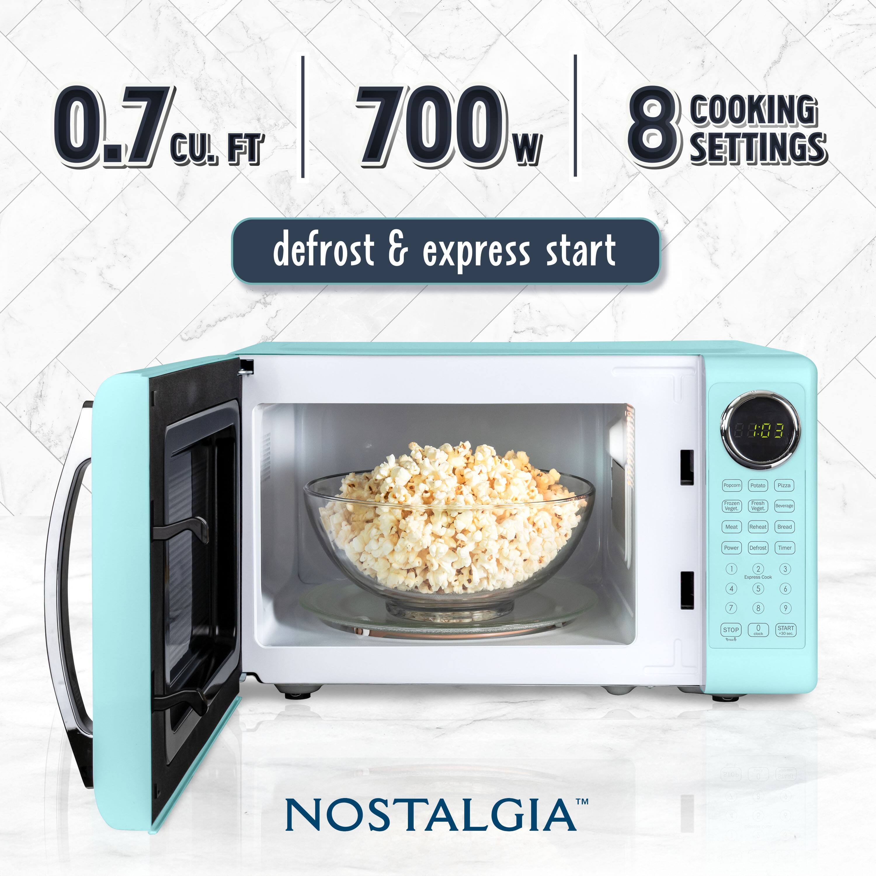 0.7 cu. ft. | 700w | 8 COOKING SETTINGS  
defrost & express start  
NOSTALGIA™