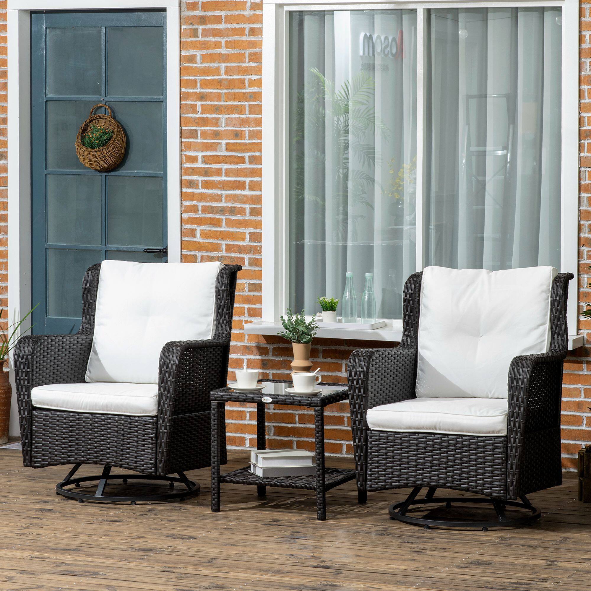 Alt View 1. Outsunny - Bistro Set, Porch Furniture with 360° Rotation & Rocking Function, 28.25"x30.75"x36.25" - Cream White.