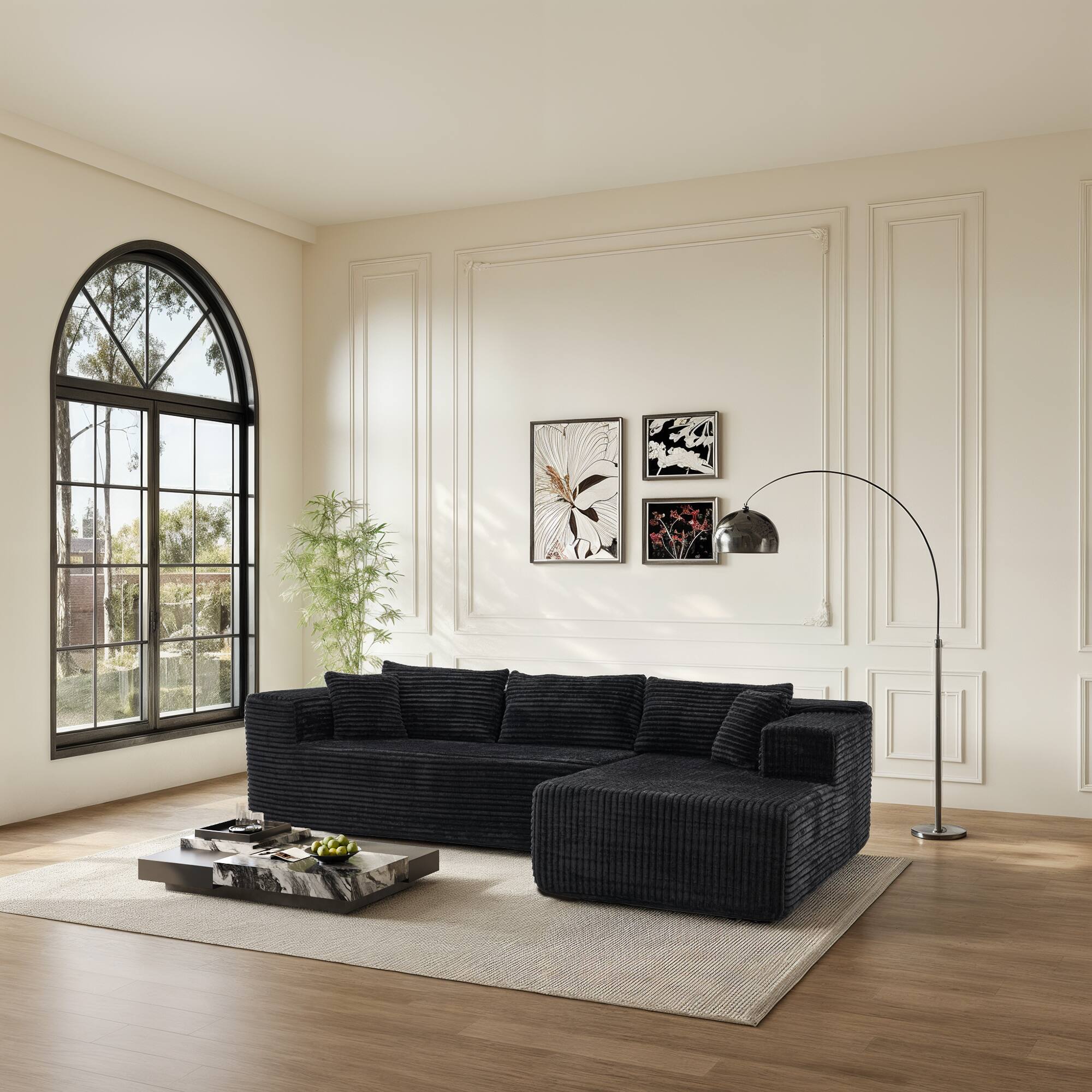 Alt View 2. FUFU&GAGA - Modular Corduroy L-Shaped Sectional Sofa with Chaise, High-Density Foam Cushions and Matching Pillows - Black.