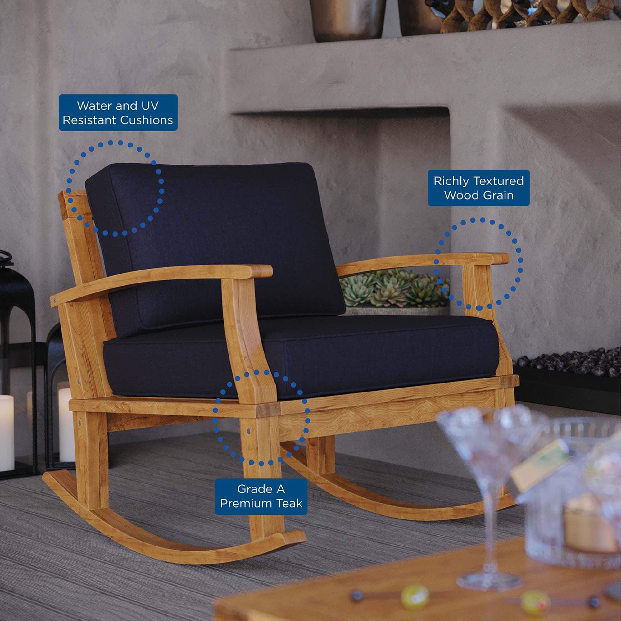 Marina Outdoor Patio Teak Rocking Chair by Modway - Natural Navy