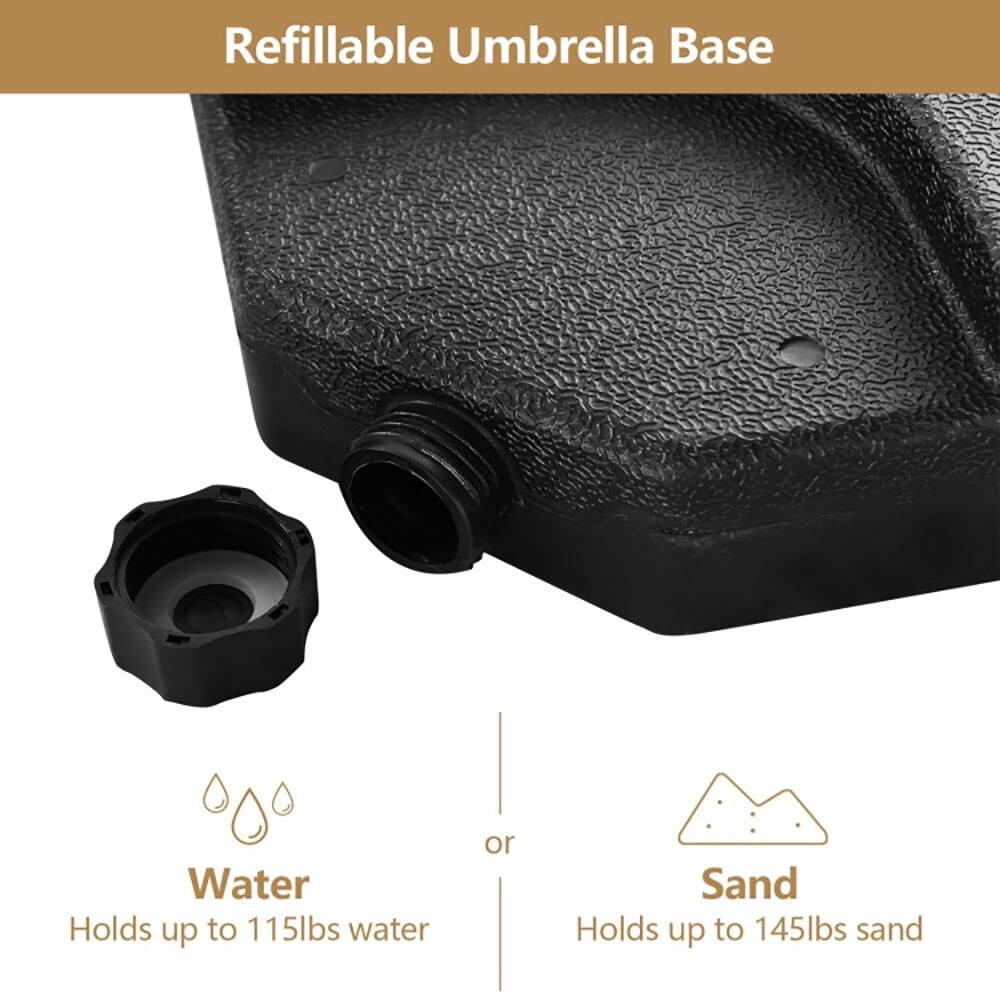 Refillable Umbrella Base

Water
Holds up to 115lbs water

or

Sand
Holds up to 145lbs sand