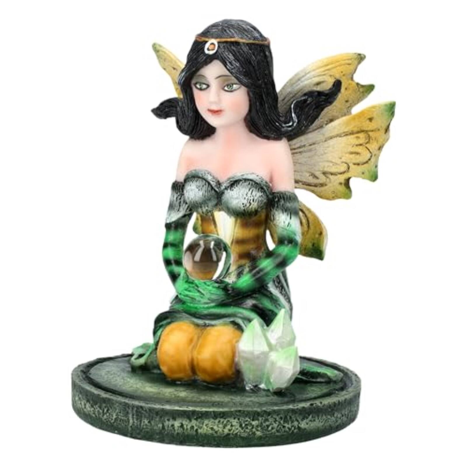 Back. Pacific Trading - 3 inch Green Crystal Fairy Figurine with Mystical Orb and Crystal Accents Small Fairy Statue.