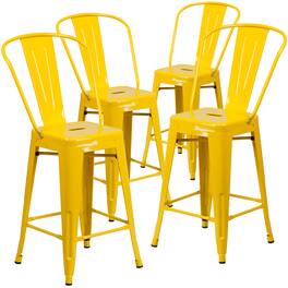 Emma + Oliver - Commercial Grade 4 Pack 24" High Metal Indoor-Outdoor Counter Height Stool with Back - Yellow