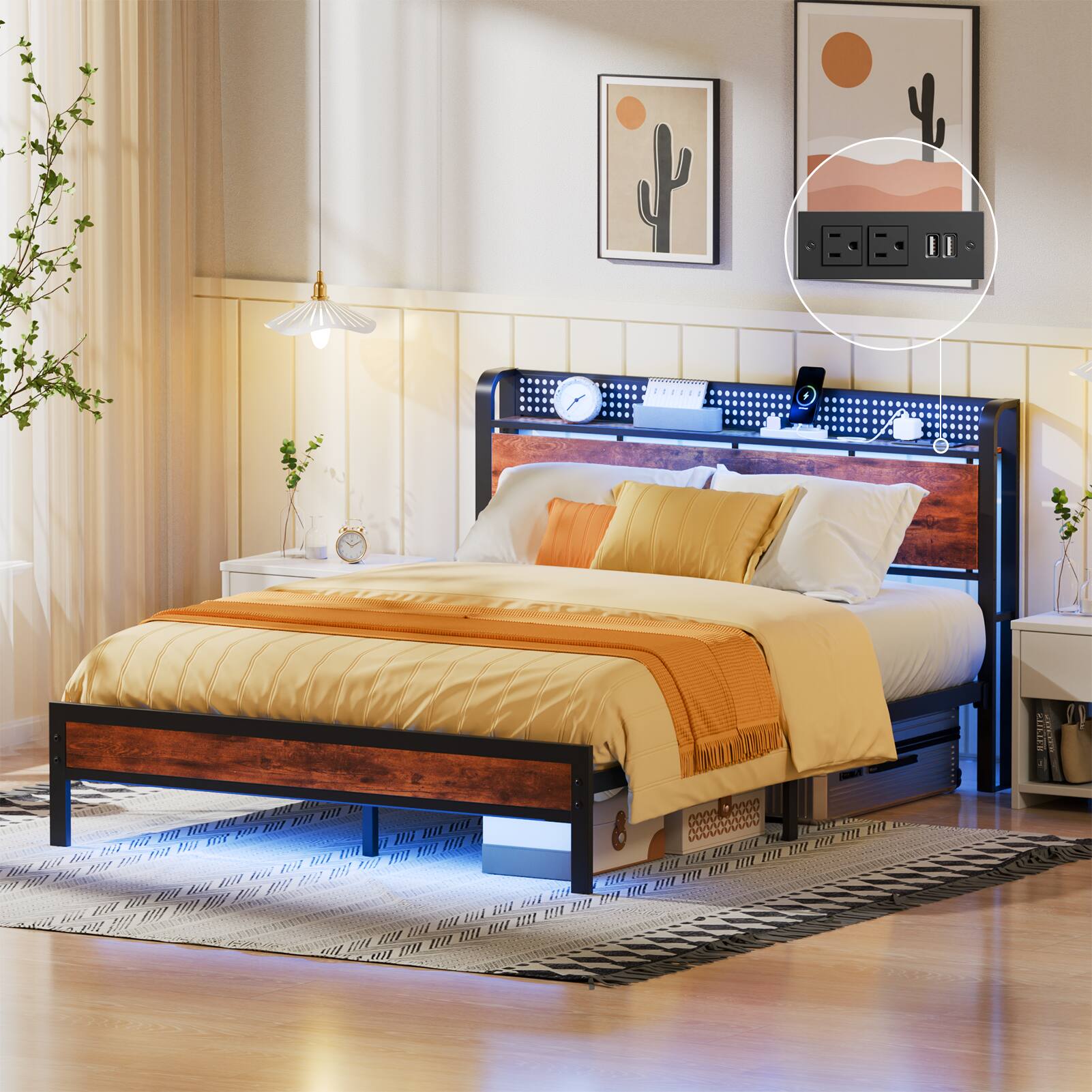 Alt View 1. Furnulem - Queen Size Bed Frame with Storage Headboard and LED Light - Brown.