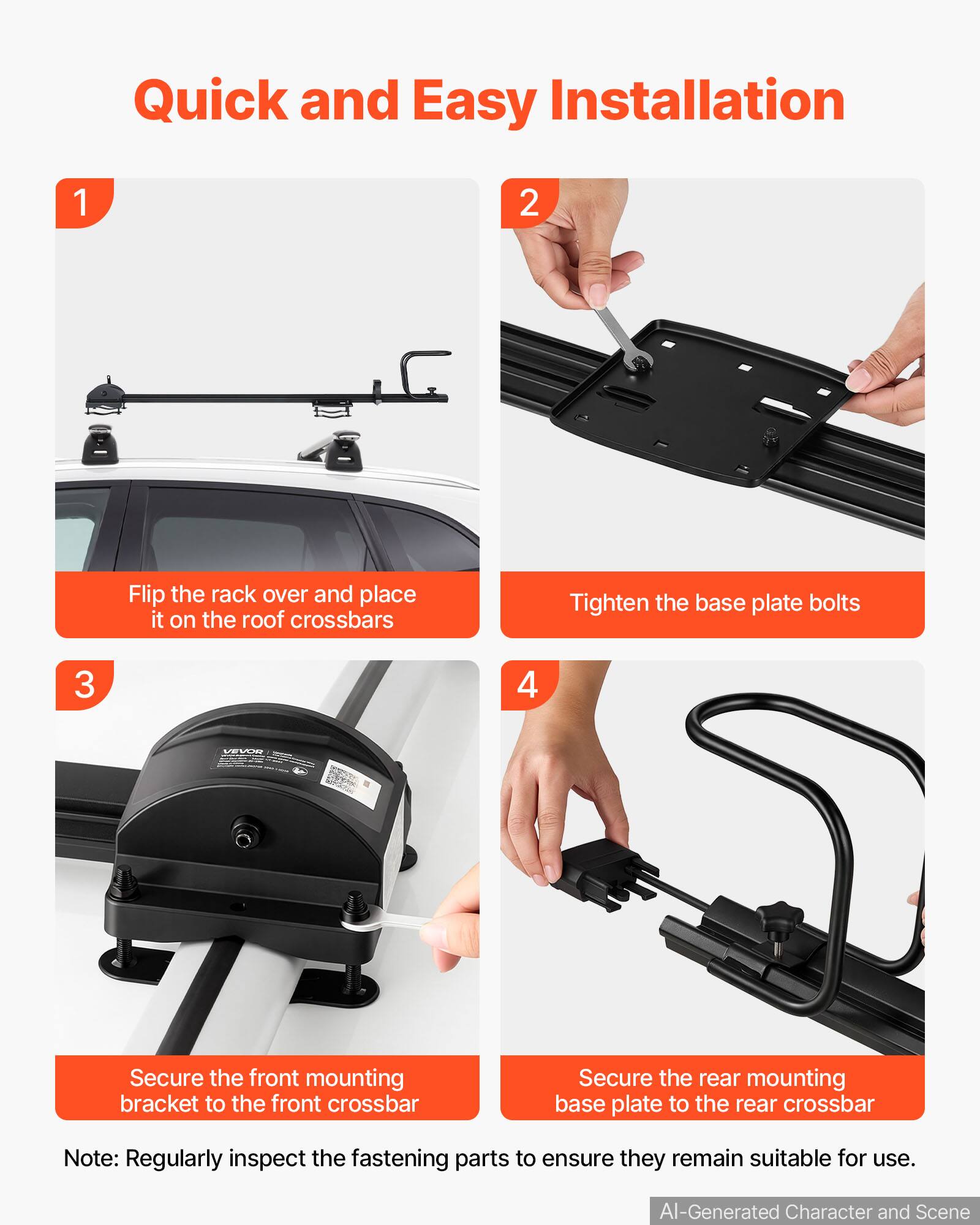 Quick and Easy Installation

1. Flip the rack over and place it on the roof crossbars
2. Tighten the base plate bolts
3. Secure the front mounting bracket to the front crossbar
4. Secure the rear mounting base plate to the rear crossbar

Note: Regularly inspect the fastening parts to ensure they remain suitable for use.