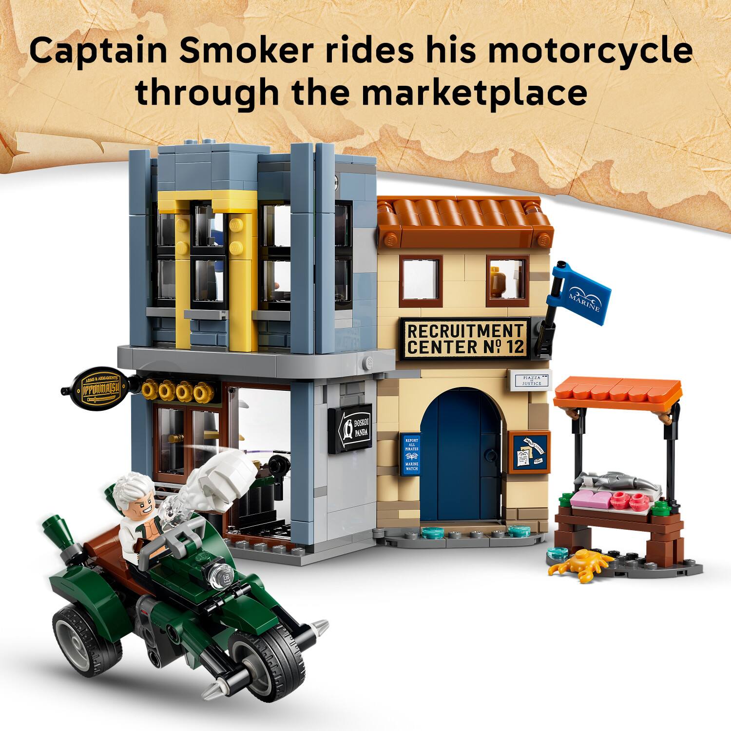 Captain Smoker rides his motorcycle through the marketplace

MARINE RECRUITMENT CENTER N° 12