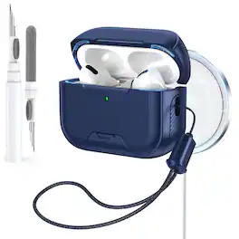 Dteck - Rugged Protective Case for Airpods 5th Gen Shockproof Magnetic Lock Cover with Phone Stand + Lanyard + Cleaning Pen - Blue