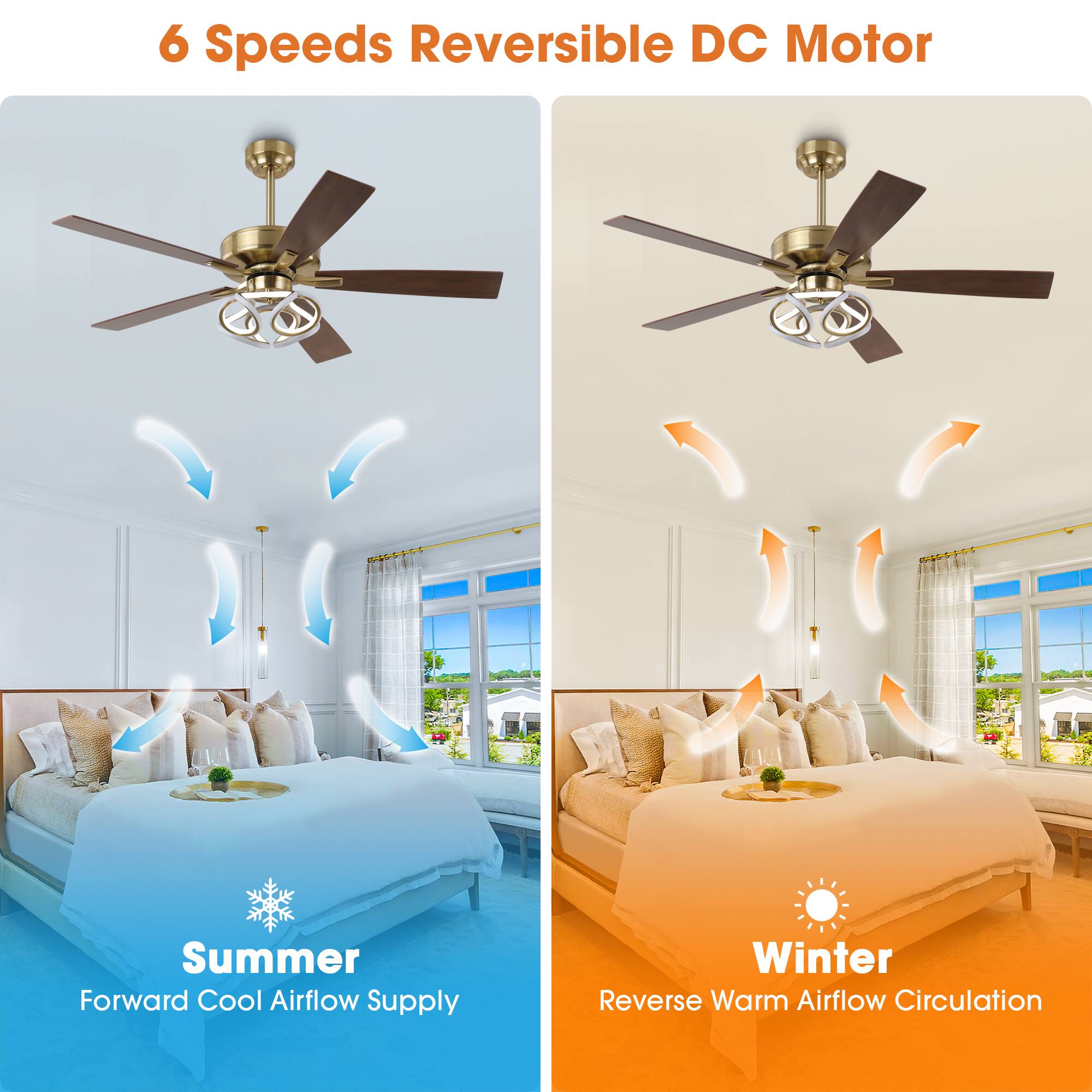 6 Speeds Reversible DC Motor

Summer
Forward Cool Airflow Supply

Winter
Reverse Warm Airflow Circulation