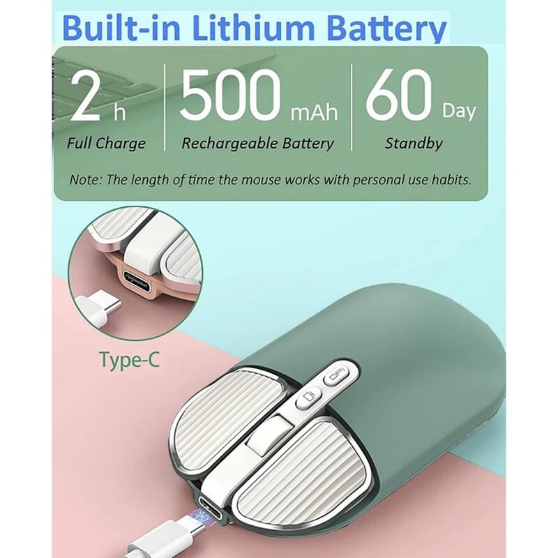Built-in Lithium Battery

2 h Full Charge  
500 mAh Rechargeable Battery  
60 Day Standby

Note: The length of time the mouse works with personal use habits.

Type-C