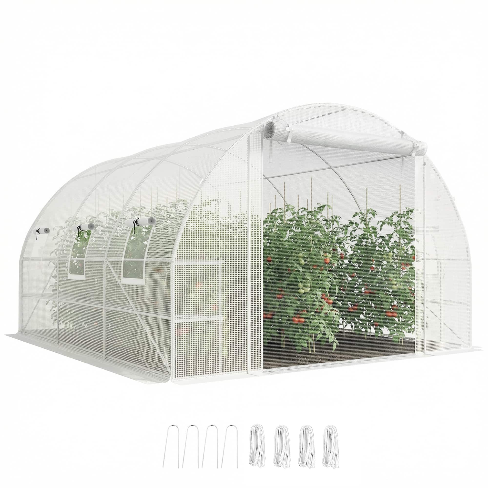 Outsunny - Walk-in Tunnel Greenhouse with Shelves, Mesh Door and Windows - White