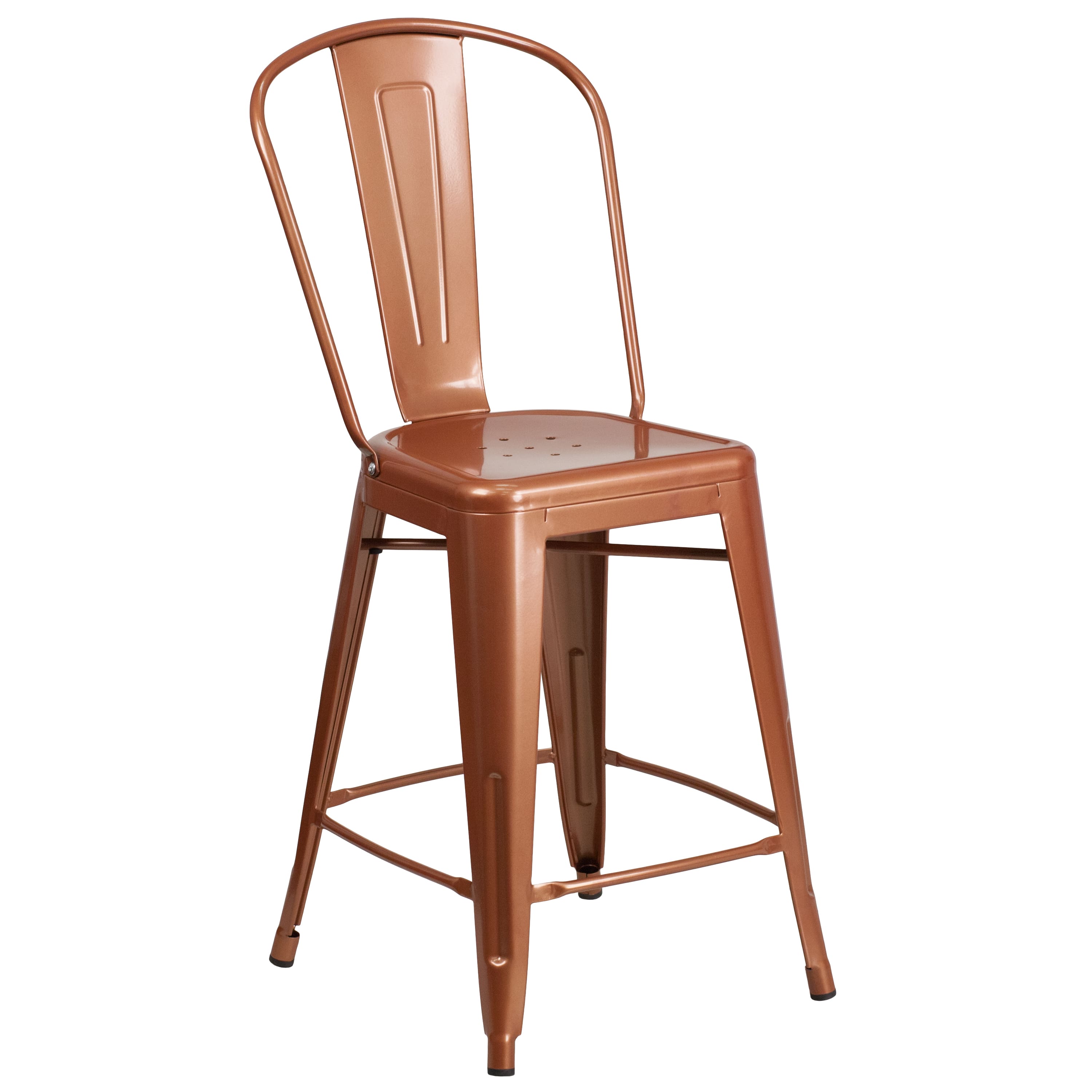 Emma + Oliver - Commercial Grade 24"H Metal Indoor-Outdoor Counter Stool w/ Drain Holes and Back - Copper