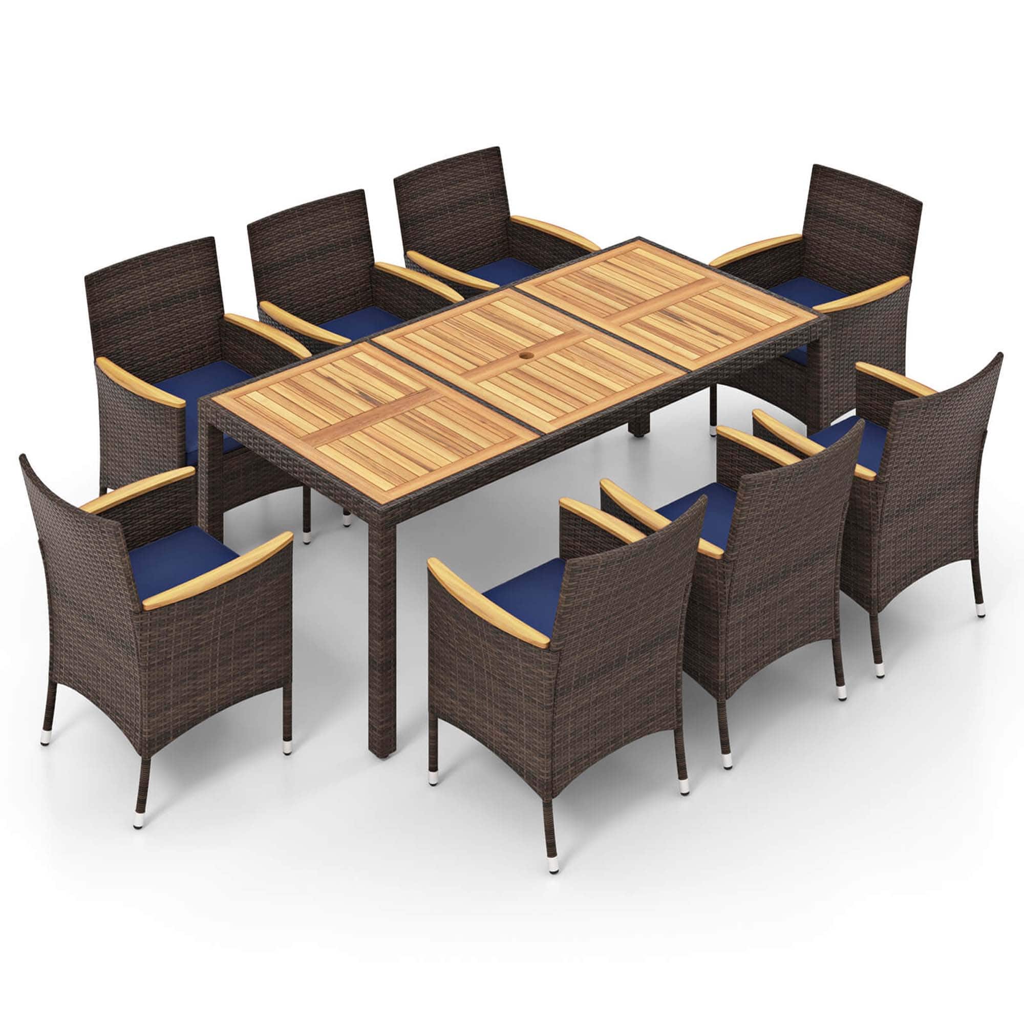 Front. Costway - 9PCS Outdoor Dining Set with Acacia Wood Table Top Patio Dining Set for 8 People - Brown & Navy.