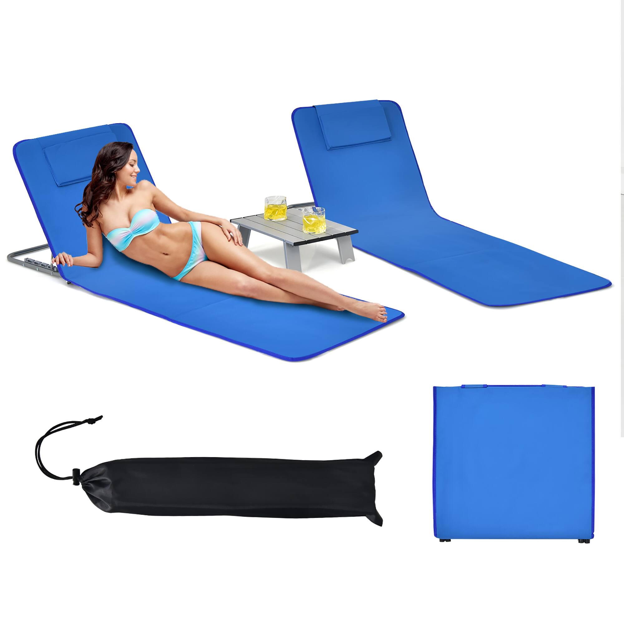 Alt View 1. Costway - Costway 3-Piece Beach Lounge Chair Mat Set 2 Adjustable Lounge Chairs with Table - Blue.
