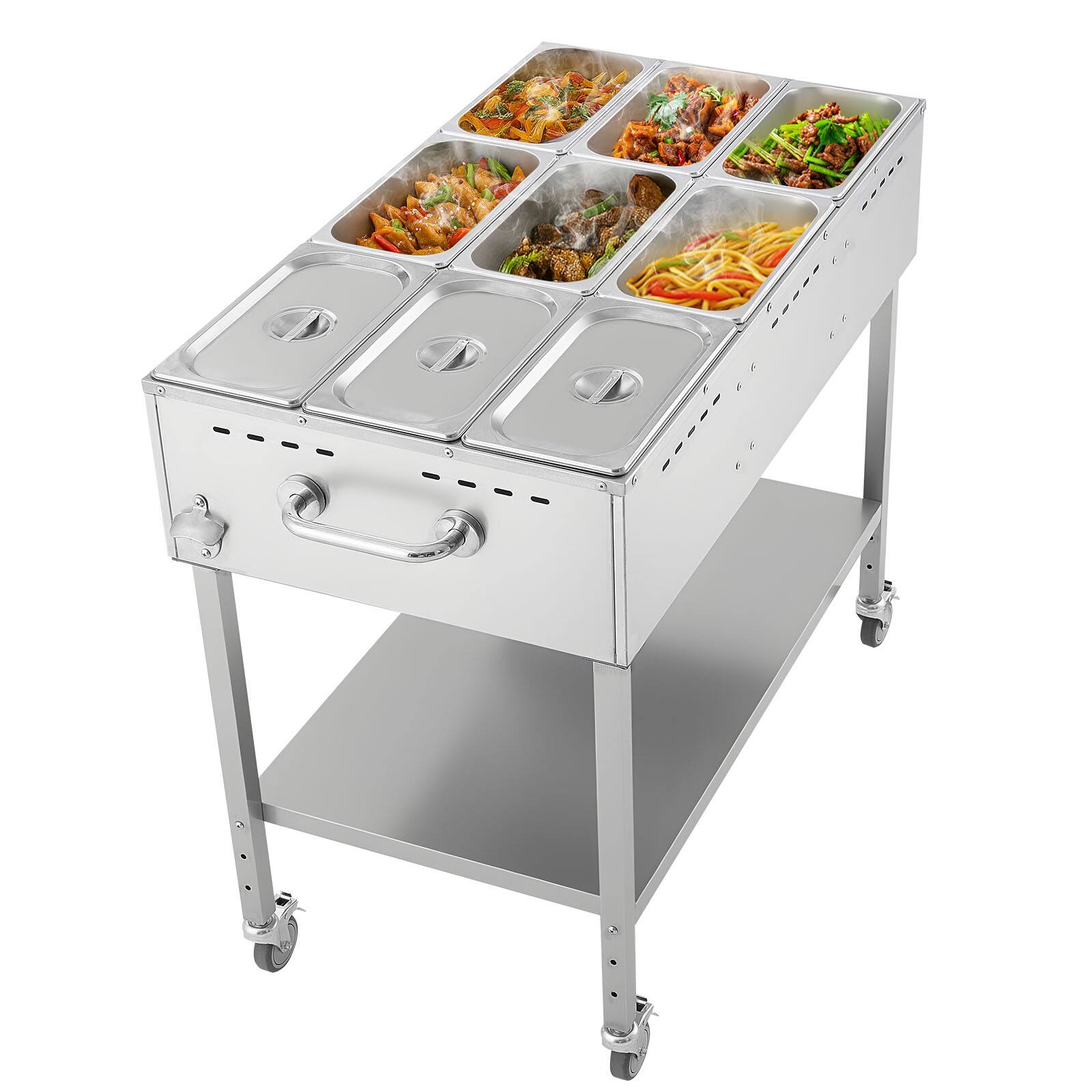 Alt View 5. VEVOR - 9-Pan Commercial Propane Steam Table, LP Gas Outdoor Soup Warmer with Drain Valve and 3" Wheels, Stainless Steel Warmer - Silver.
