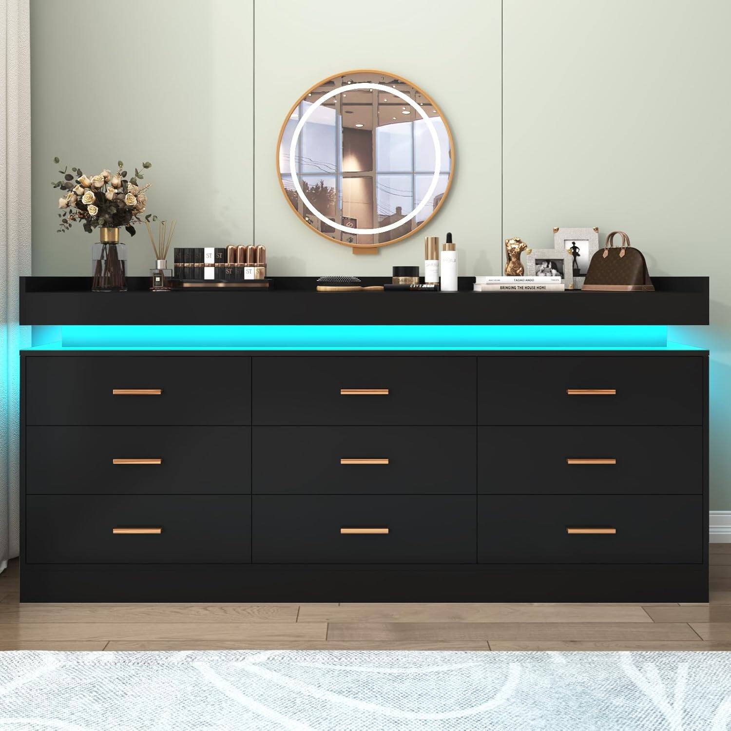 Angle. Espafurni - 9 - Drawer Dresser with LED Light & Charging Station - Modern Chest for Bedroom, Living Room, Entryway & Hallway - Black.