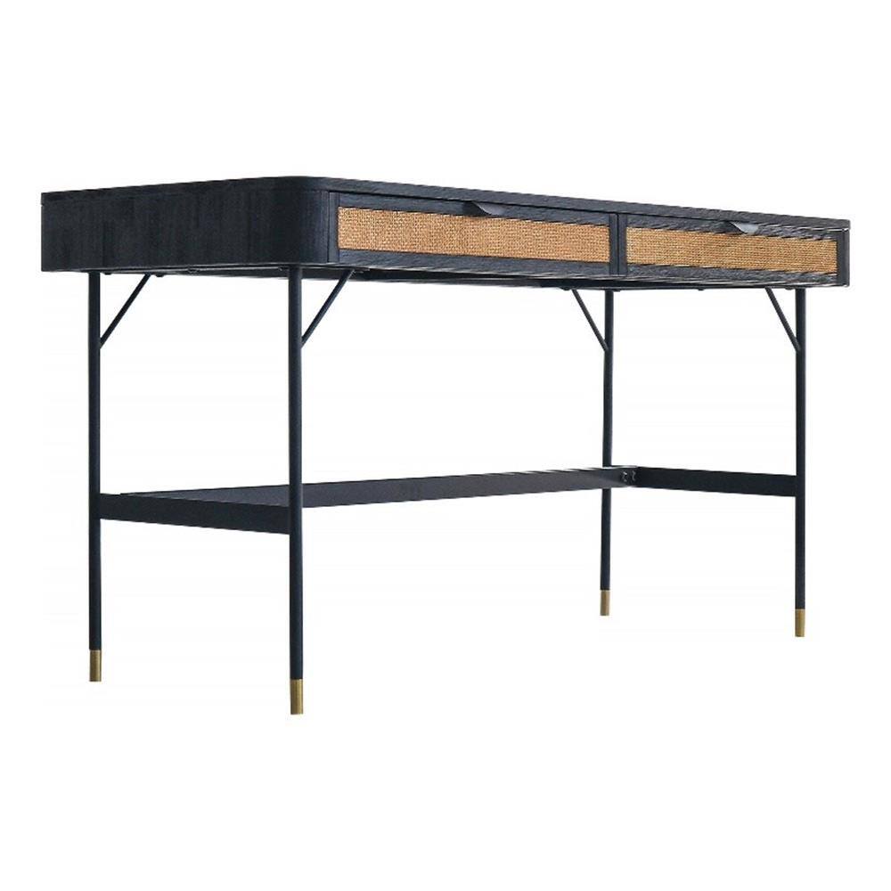 Angle. Armen Living - Saratoga 2 Drawer Desk in Black Acacia with Rattan - Black.