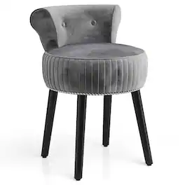 Gymax - Velvet Vanity Chair w/ Back Tufted Low Back & Solid Wood Legs for Bedroom - Gray