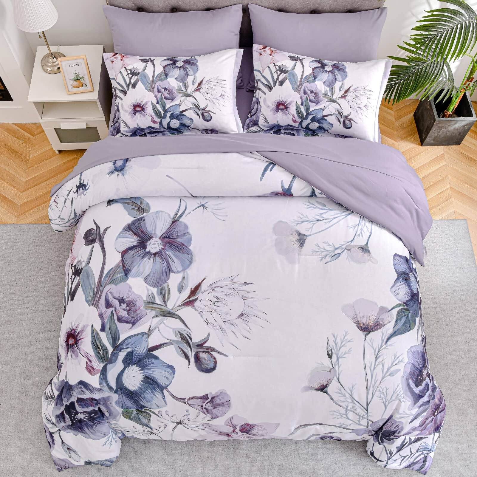 Back. Comfort Essence - Floral Comforter Set 7 Piece Flower Bed In A Bag Elegant With Sheet Soft Microfiber Bedding For All Season - Blue Purple-Queen Size.