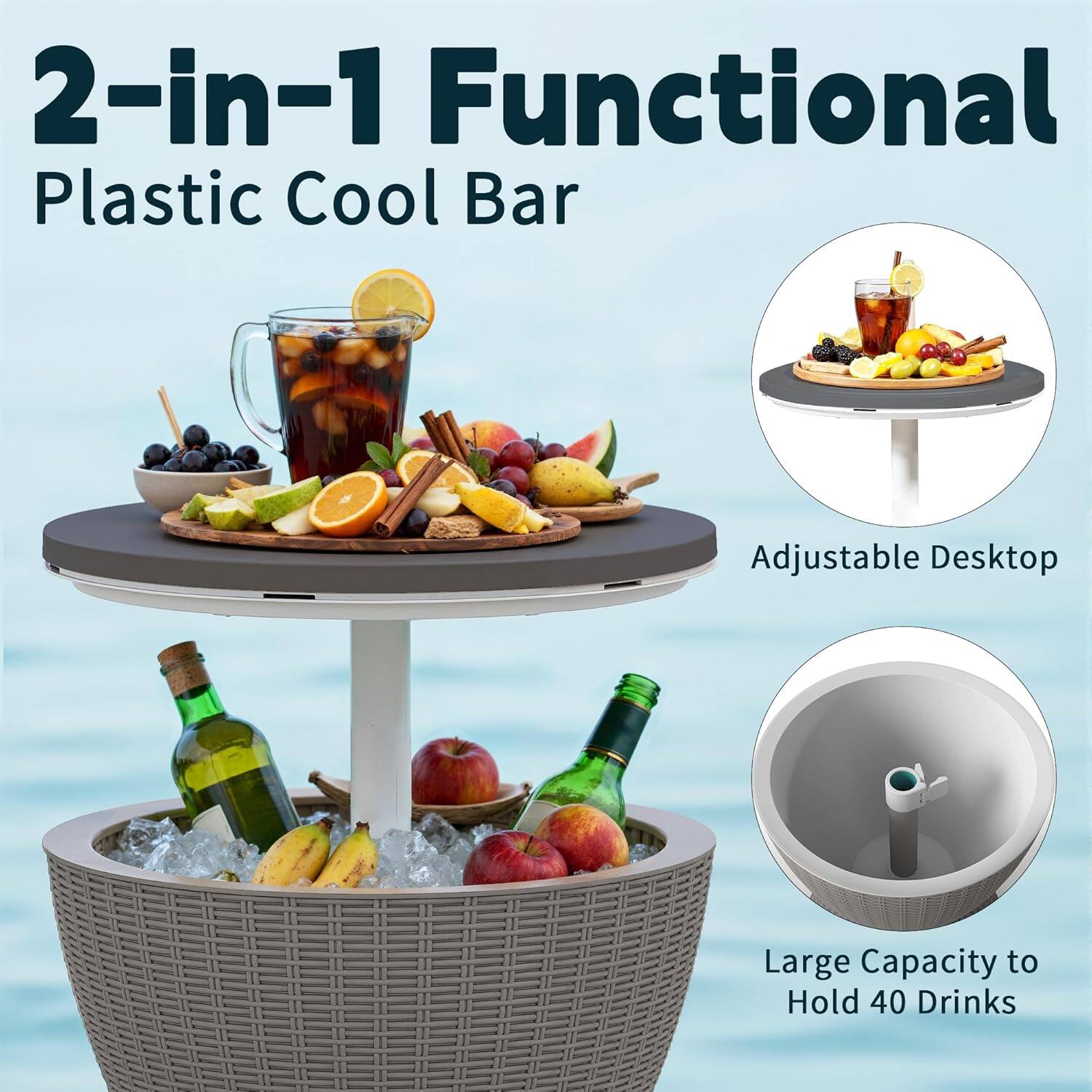 2-in-1 Functional Plastic Cool Bar

Adjustable Desktop

Large Capacity to Hold 40 Drinks