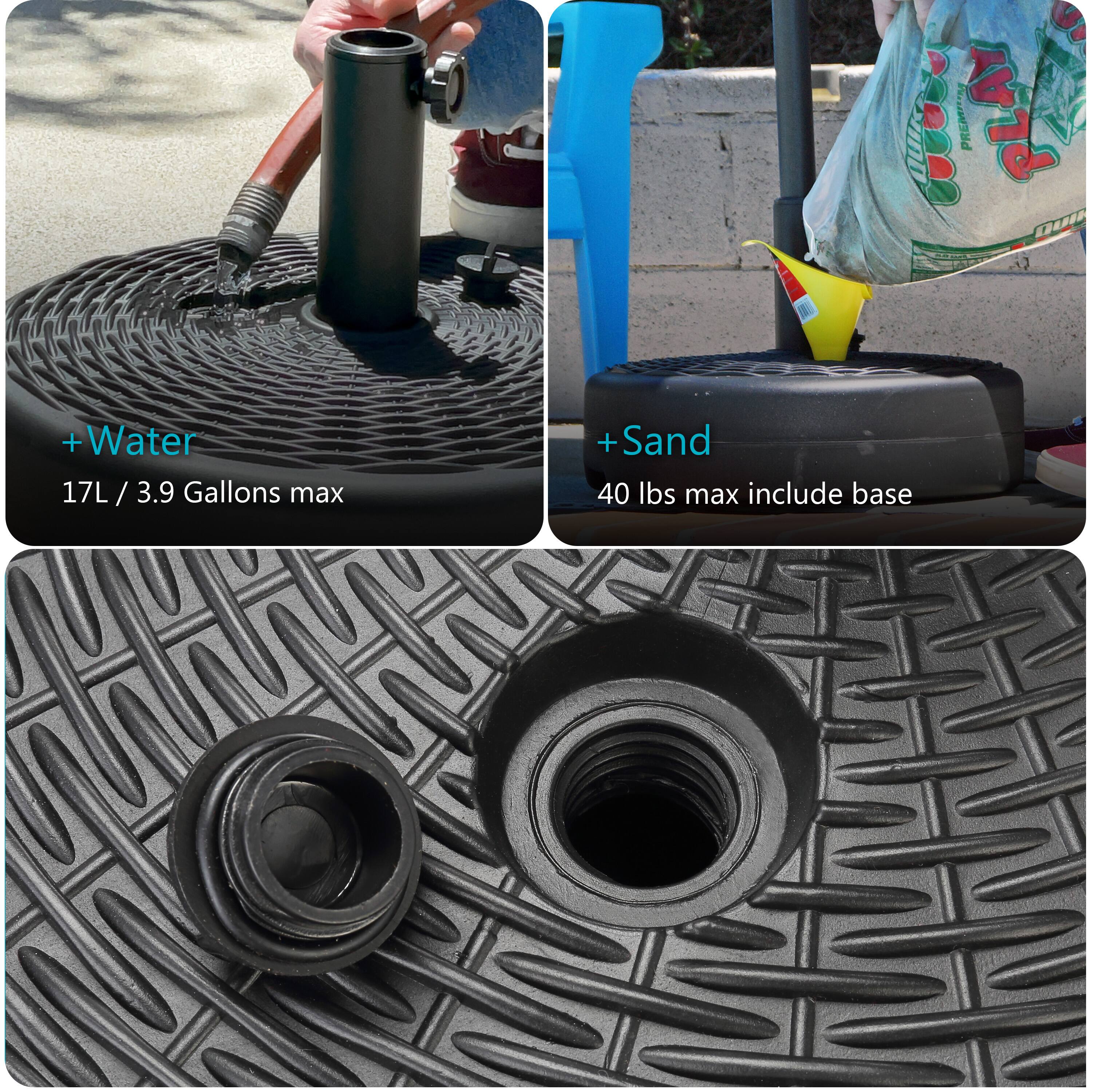 - Water: 17L / 3.9 Gallons max
- Sand: 40 lbs max include base