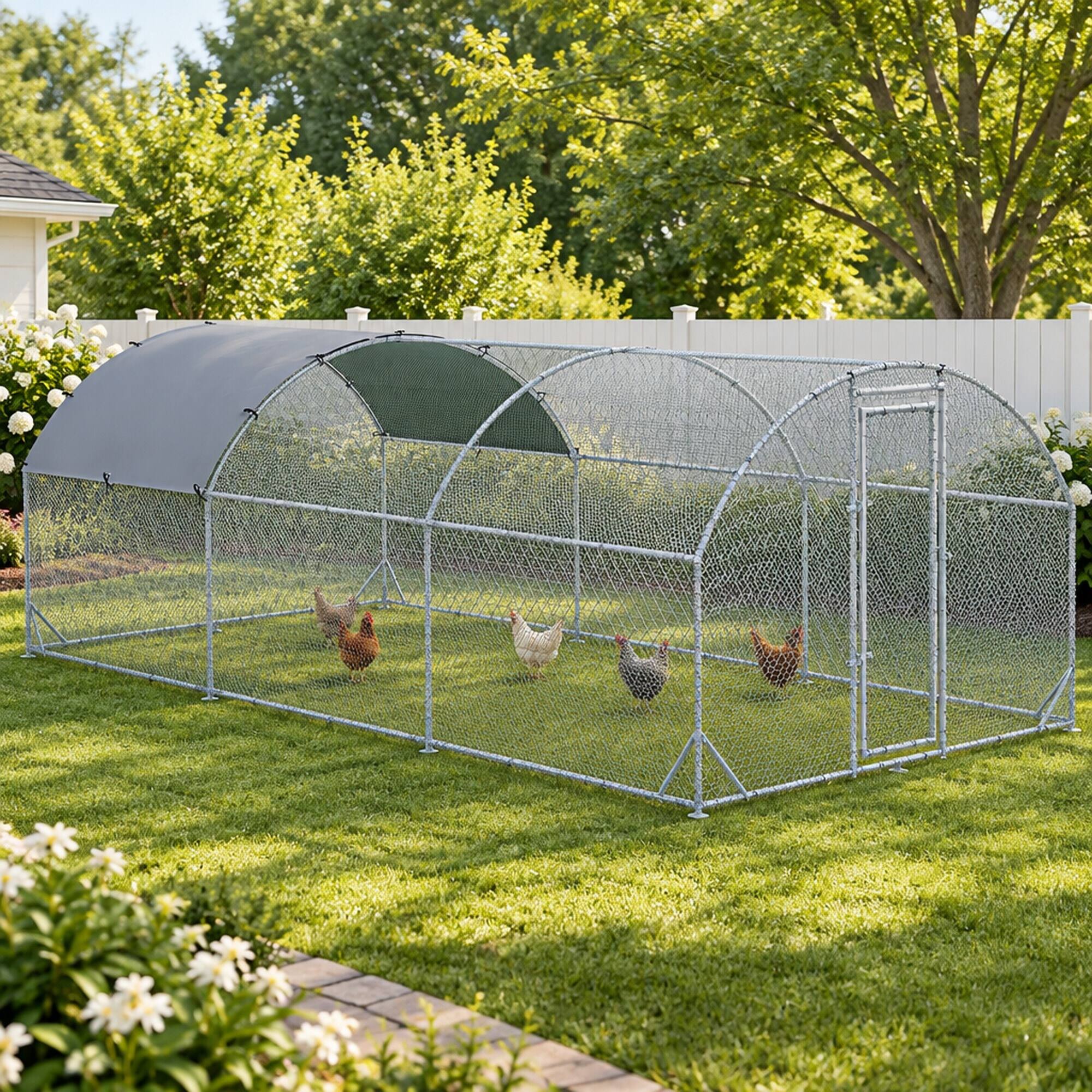 Alt View 2. RYHNUYNE - Metal Chicken Coop, 18.7 ft x 9.2 ft x 6.5 ft Walk-in Run, Dome Roof, Waterproof Cover, 1 in Tube.