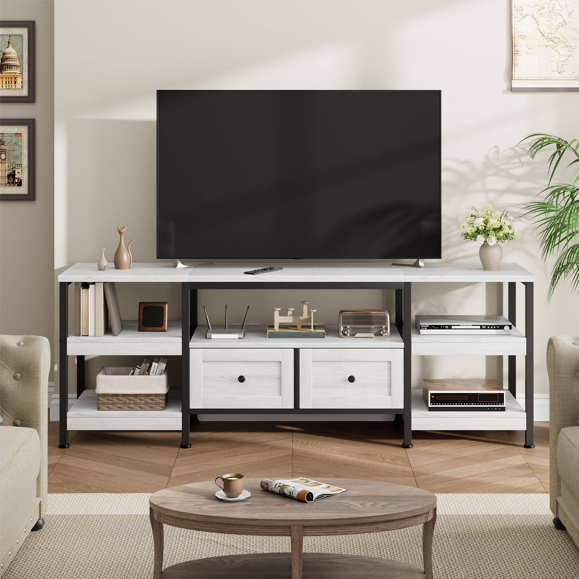 Alt View 4. Qeetex - 79" TV Stand for 85 Inch TVs, Industrial Entertainment Center with 2 Drawers, Open Shelves & Metal Frame - White.