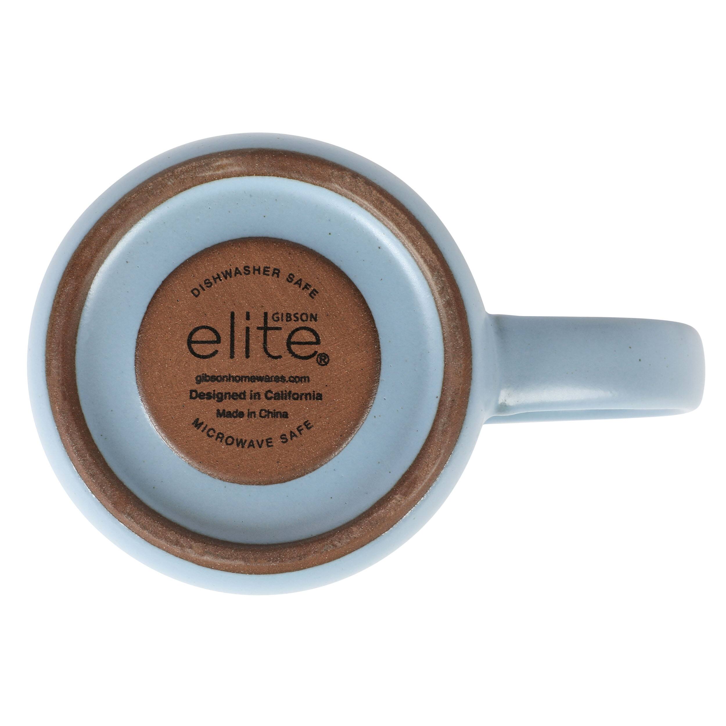 The text on the image reads "Dishwasher Safe Gibson Elite GibsonHomeWares.com Designed in California Made in China Microwave Safe."