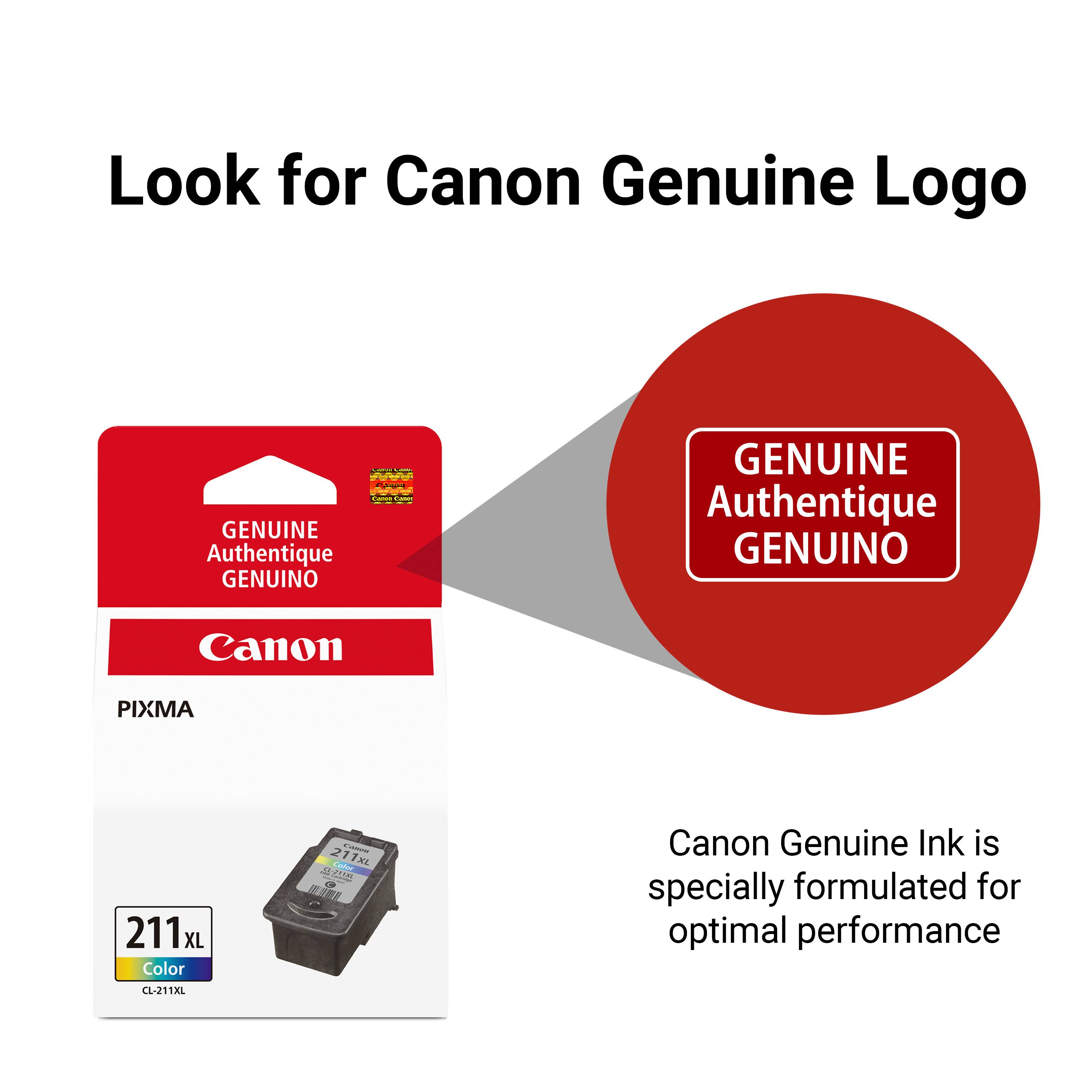 Look for Canon Genuine Logo

GENUINE Authentique GENUINO

Canon PIXMA 211XL XL Color CL-211XL

Canon Genuine Ink is specially formulated for optimal performance