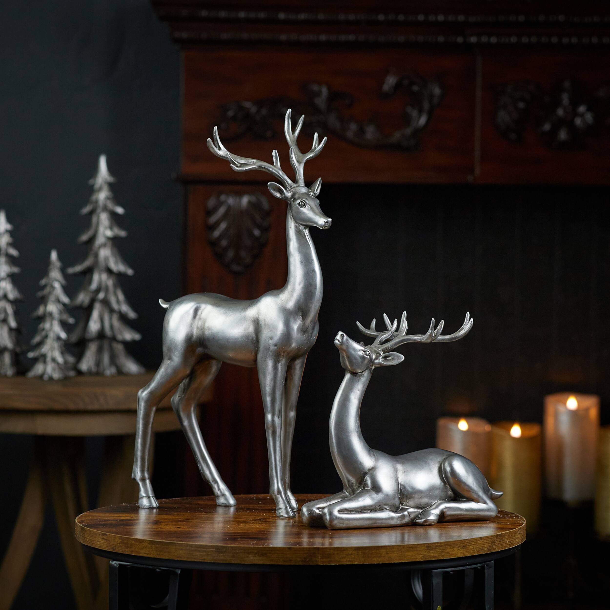 Angle. BreeBe - Metallic Deer Figurine (Set of 2) - Silver, Black.
