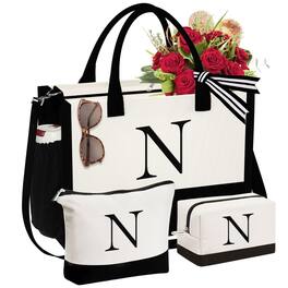 Paradigms Interiors - Initial Canvas Tote Bag & Makeup Birthday Gifts For Women Mom Sister Friends Bridesmaid Wedding - N