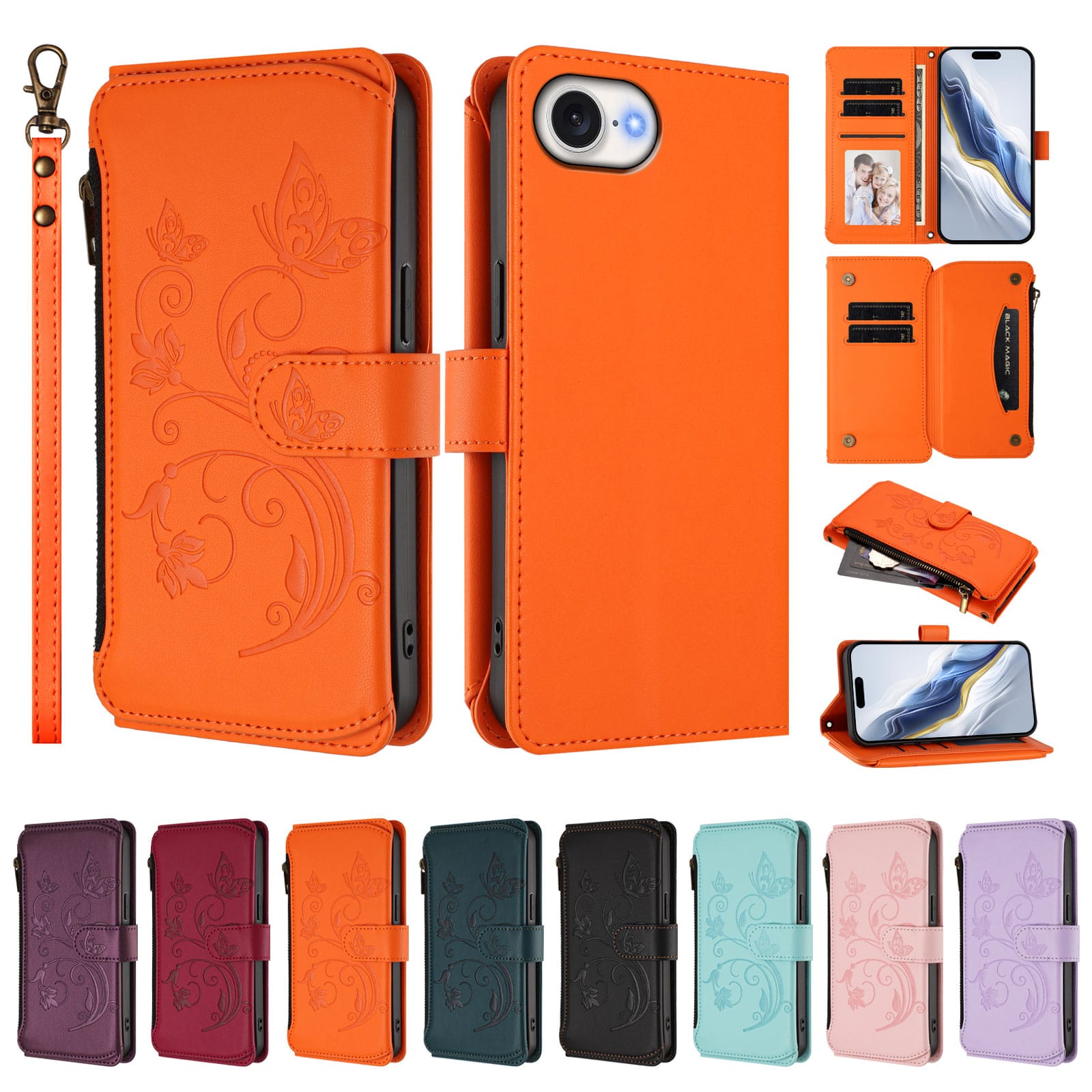 Dteck - Crossbody Wallet Case for Apple iPhone 17e / 16e,Embossed Butterfly Flower Folio Cover with Zipper Pocket+Strap - Orange price history on PriceWatchPro