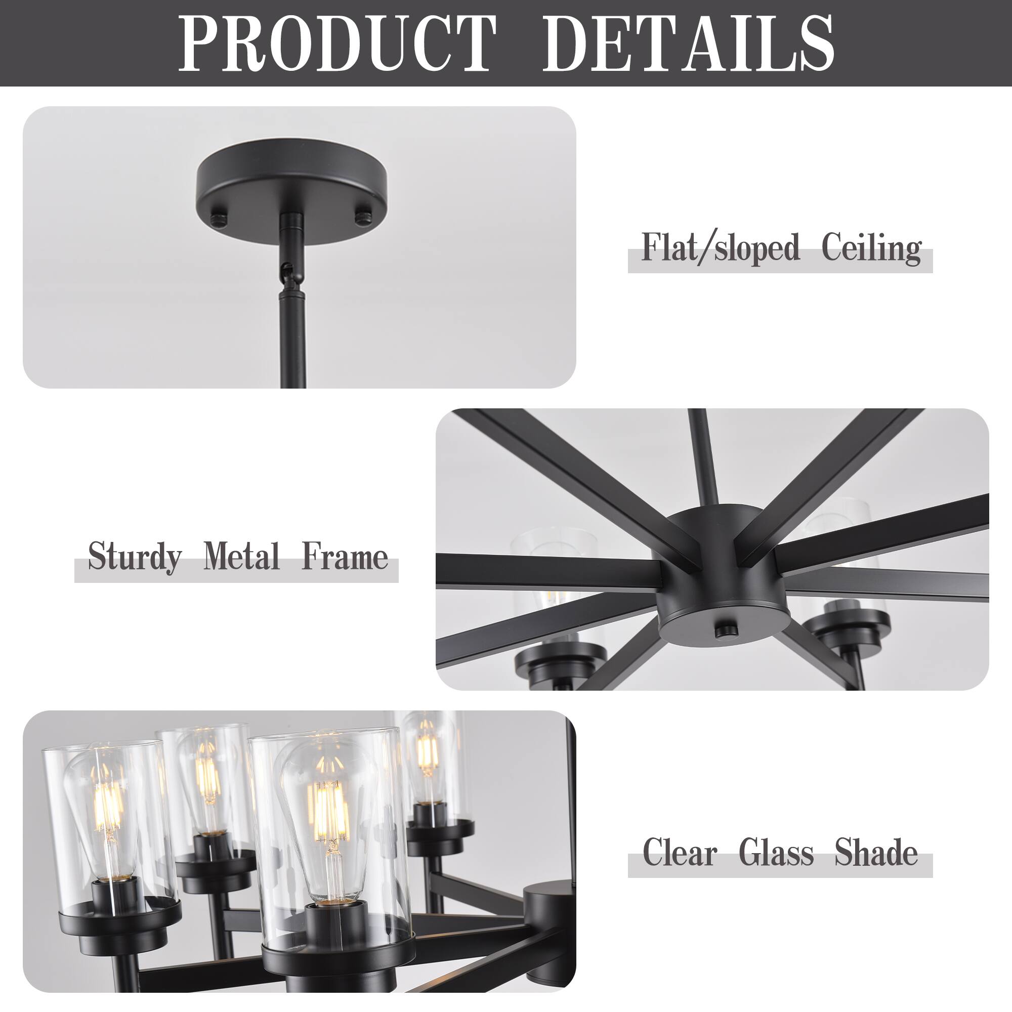 PRODUCT DETAILS

- Flat/sloped Ceiling
- Sturdy Metal Frame
- Clear Glass Shade