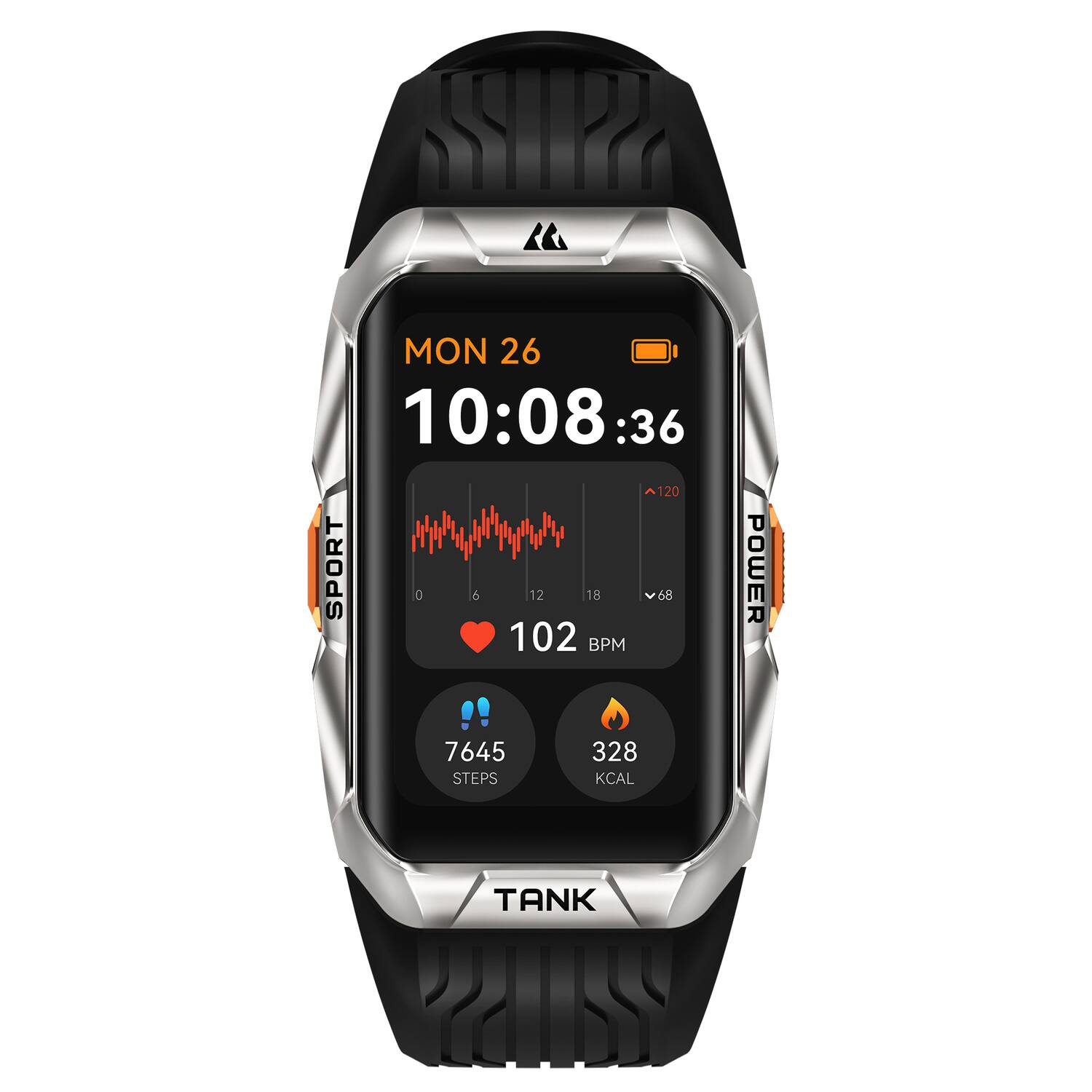 MON 26  
10:08:36  
120  
SPORT  
0 6 12 18 68 102 BPM  
POWER  
7645 STEPS  
328 KCAL  
TANK