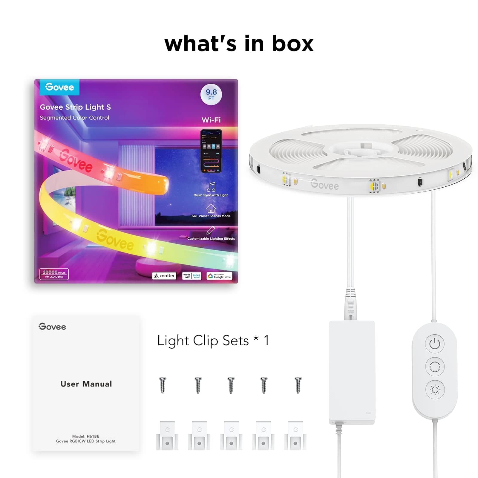 The text on the image is grouped and corrected as follows:
"What's in the box: Govee Strip Light S, Segmented Color Control, 9.8 FT Wi-Fi, Govee - Run - Light Sovee, Govee S41 RGB LED Strip Light, 20000 - ide - & matter - - I - Coong-e Govee Sets, Light Clip 1, User Manual, Moder H&18E Govee nnaW LED Strip Light."
