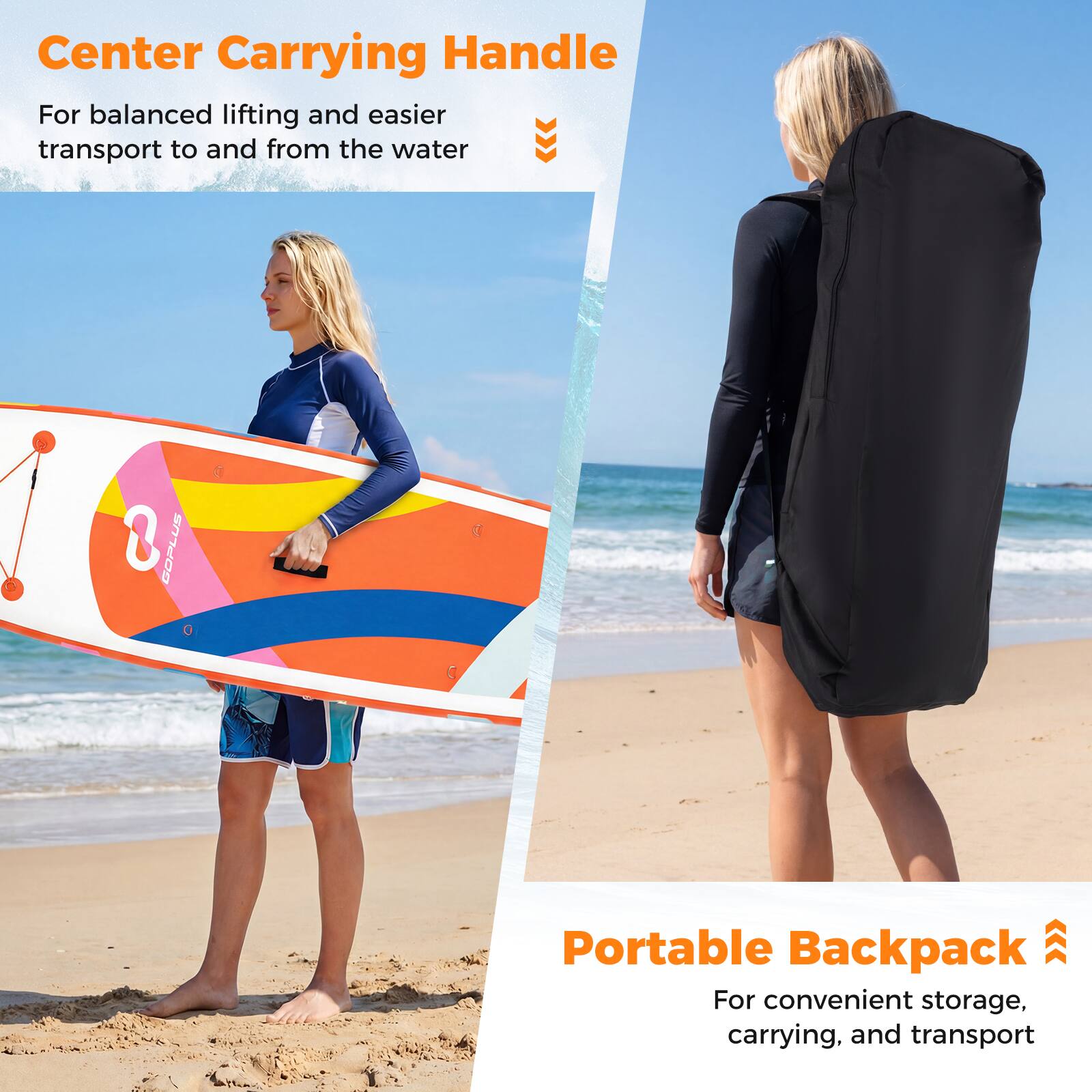 Center Carrying Handle  
For balanced lifting and easier transport to and from the water  

Portable Backpack  
For convenient storage, carrying, and transport