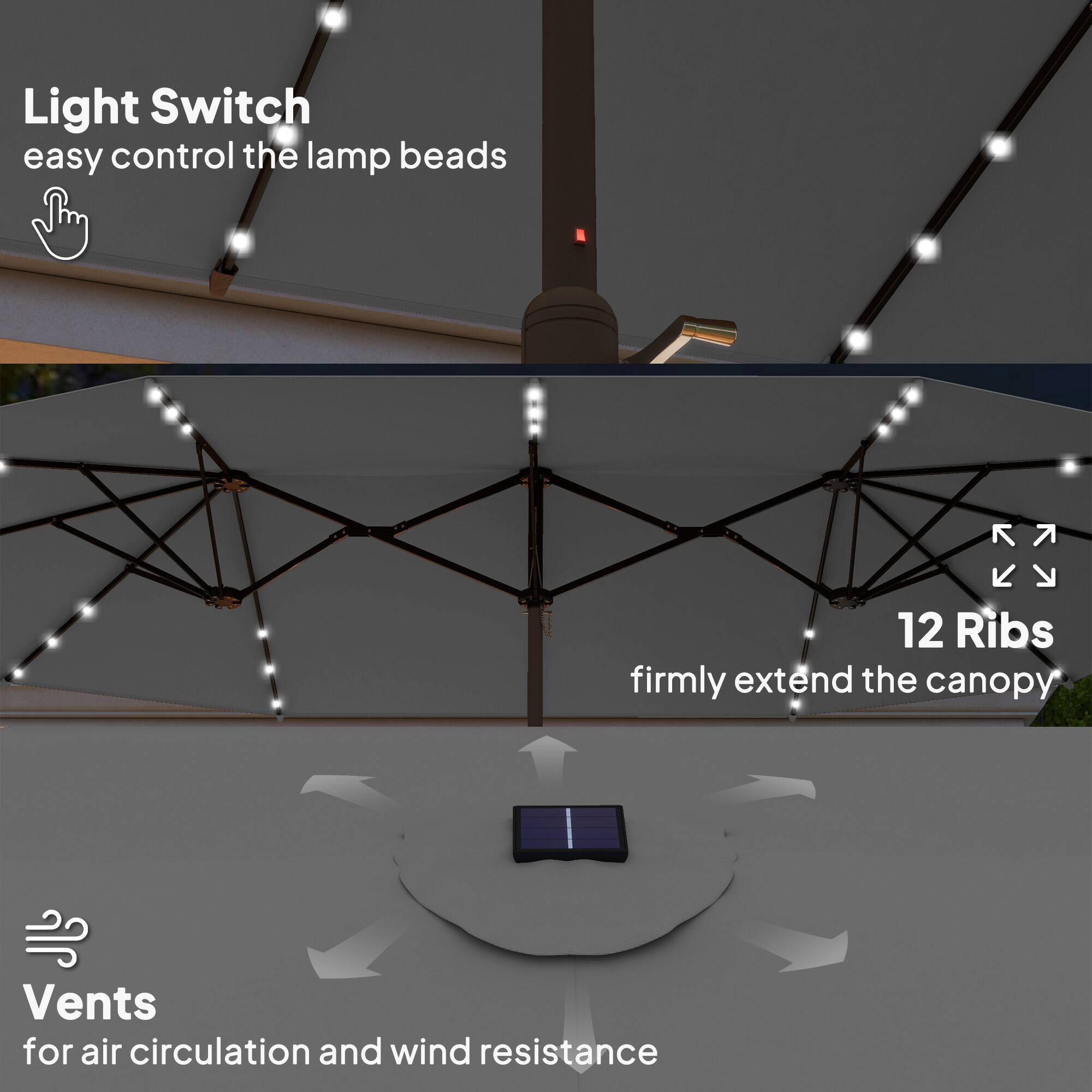 Light Switch easy control the lamp beads, 12 Ribs firmly extend the canopy, Vents for air circulation and wind resistance