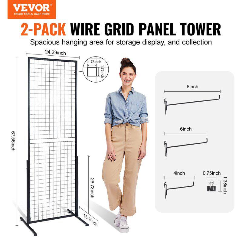 VEVOR TOUGH TOOLS, HALF PRICE  
2-PACK WIRE GRID PANEL TOWER  
Spacious hanging area for storage display, and collection  
24.29inch  
1.73inch  
1 73inch  
8inch  
67.56inch  
26.73inch  
15.9inch  
6inch  
4inch  
0.75inch  
1.38inch