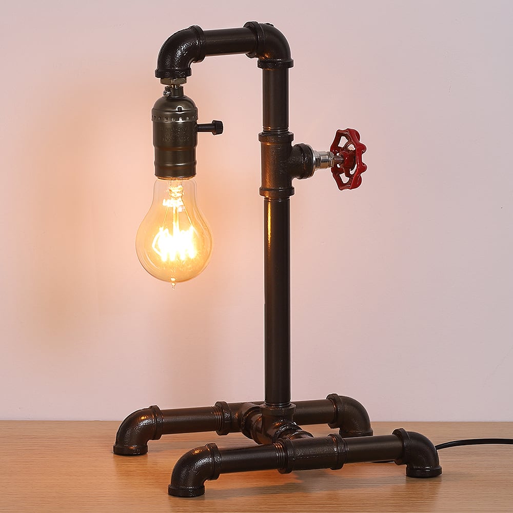 Oumilen - Set of 2 Steampunk Wrought Iron Desk Lamps with Red Valve Accent, 63" Cord, E26 Base (Bulb Not Included)