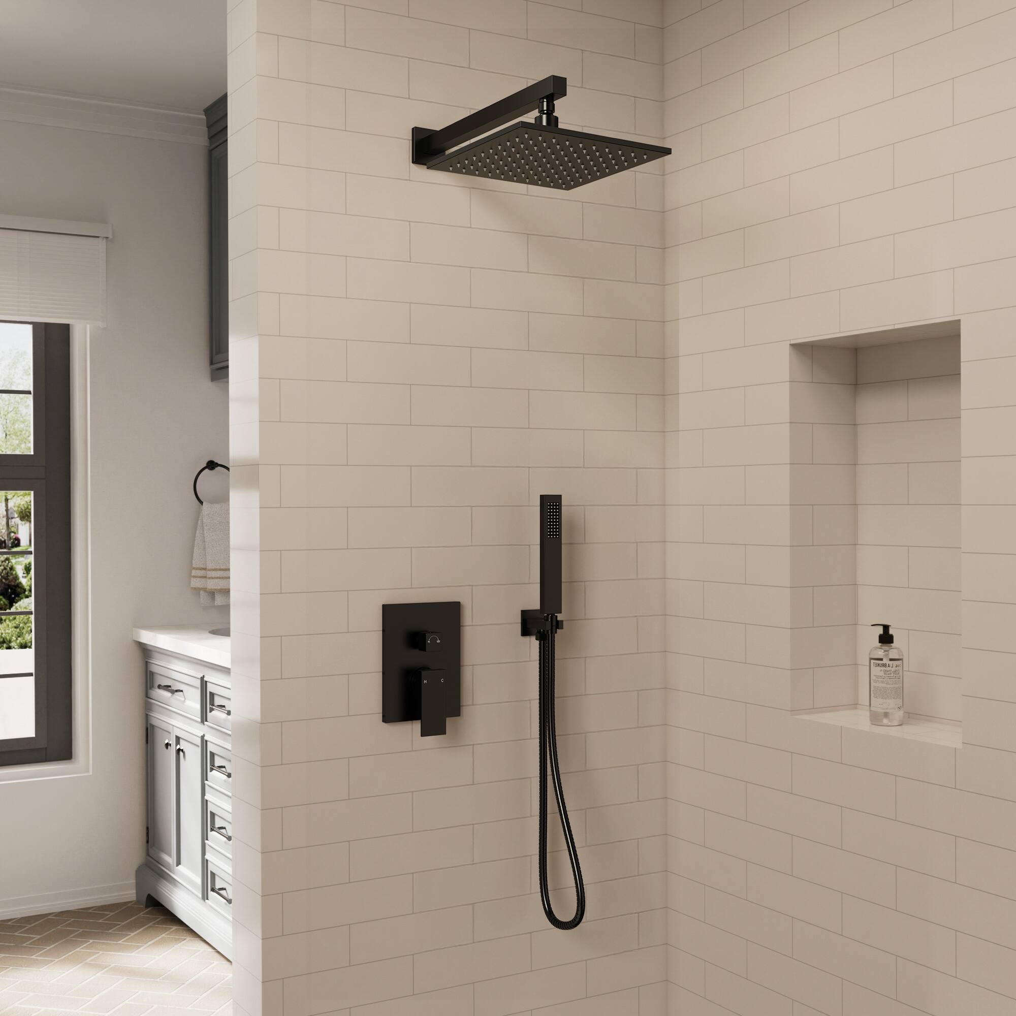 Angle. GRANDJOY - LED Rainfall Dual Function Shower System with Pressure Balance Valve - Matte Black.