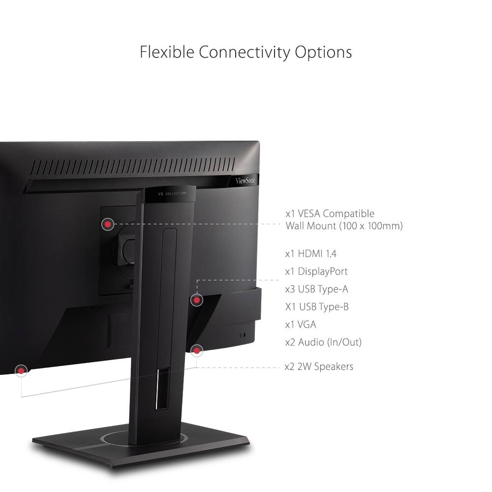 Flexible Connectivity Options

- x1 VESA Compatible Wall Mount (100 x 100mm)
- x1 HDMI 1.4
- x1 DisplayPort
- x3 USB Type-A
- x1 USB Type-B
- x1 VGA
- x2 Audio (In/Out)
- x2 2W Speakers