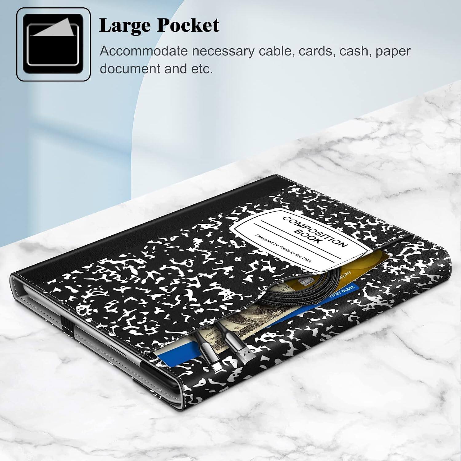 Large Pocket Accommodate necessary cable, cards, cash, paper document and etc.

Designed by Fintle COMPOSITION in BOOK the USA 18ank 47 CLASS FIRST