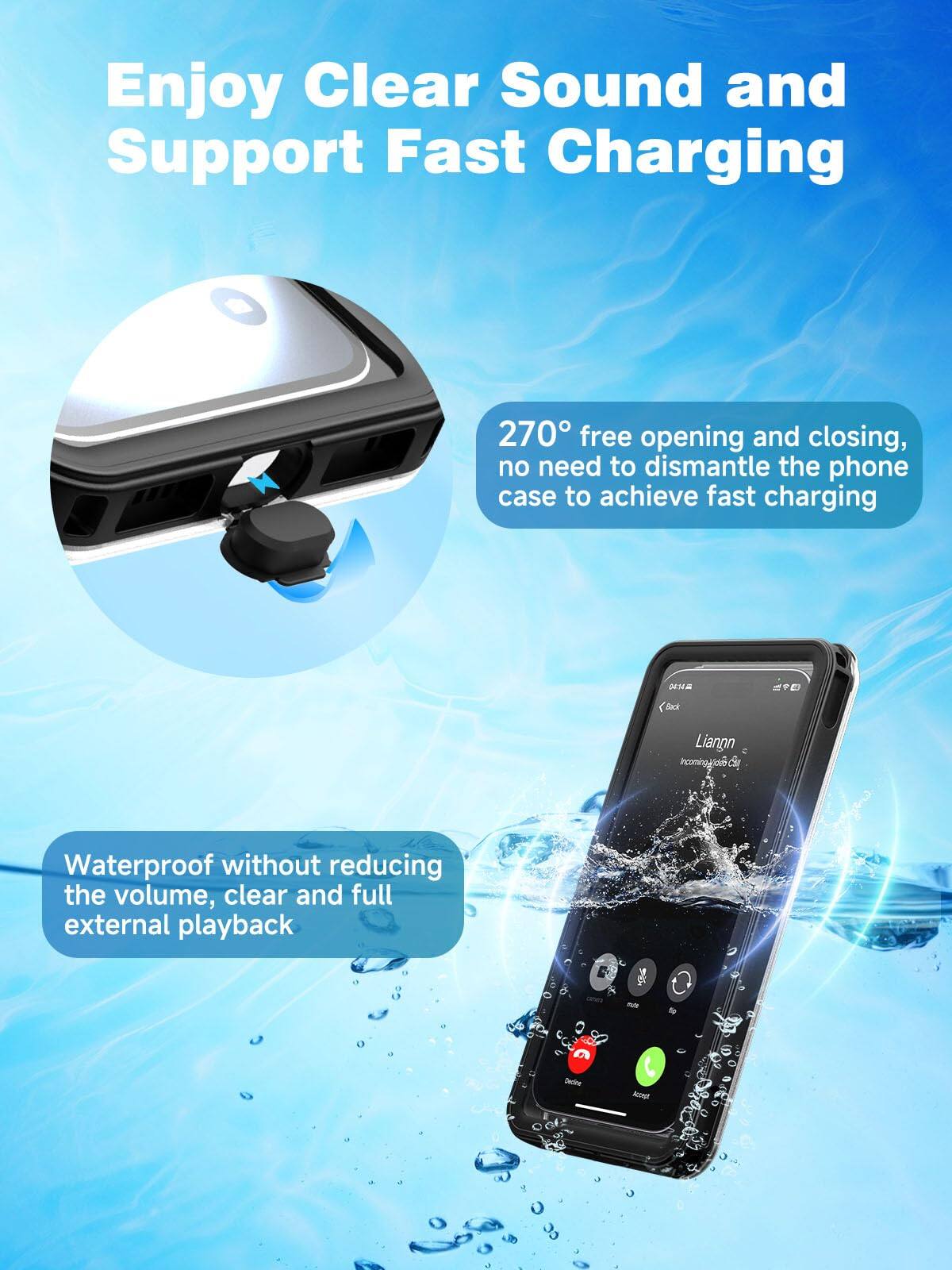 Enjoy Clear Sound and Support Fast Charging

270° free opening and closing, no need to dismantle the phone case to achieve fast charging

Waterproof without reducing the volume, clear and full external playback