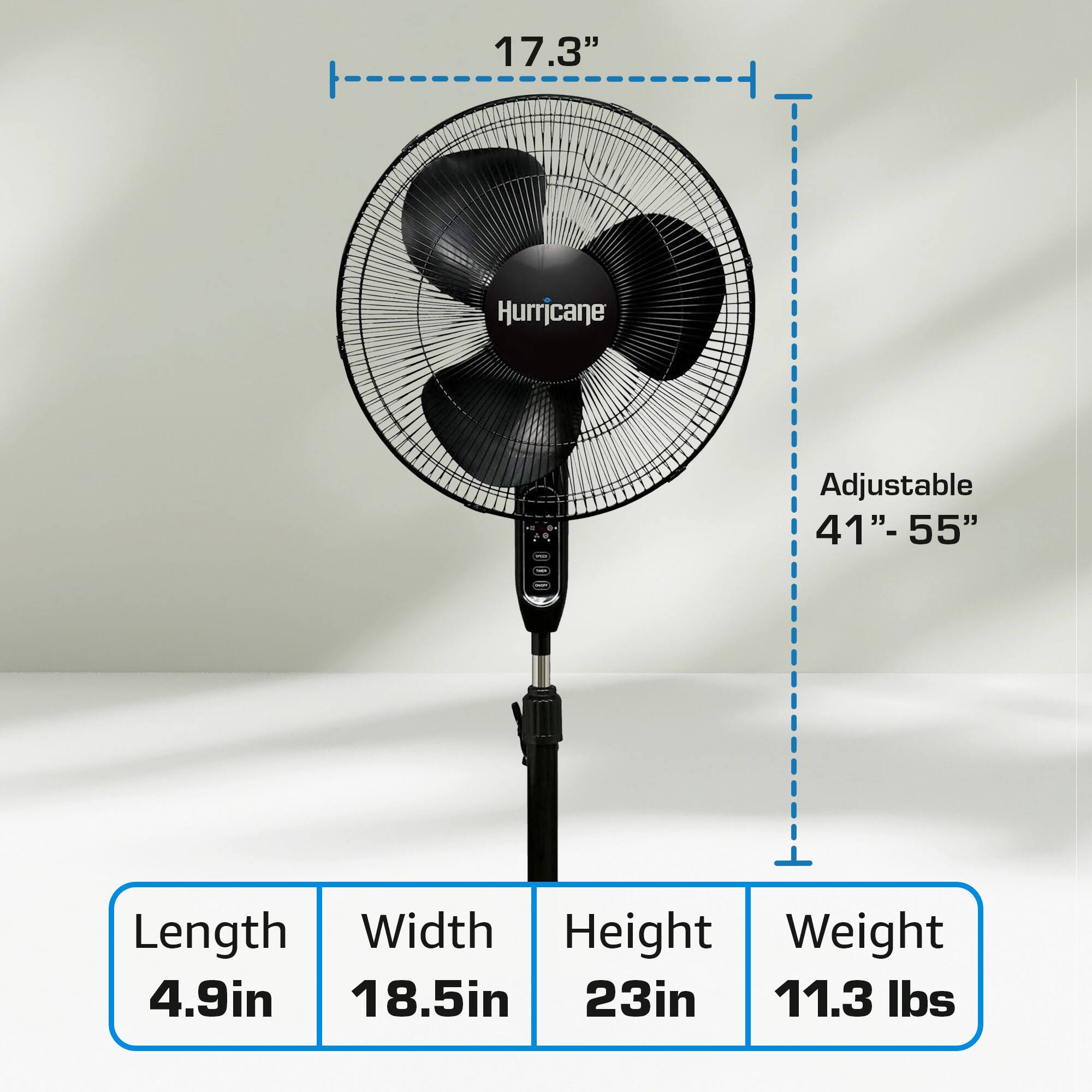 17.3" Hurricane  
Adjustable 41" - 55"  
Length: 4.9in  
Width: 18.5in  
Height: 23in  
Weight: 11.3 lbs