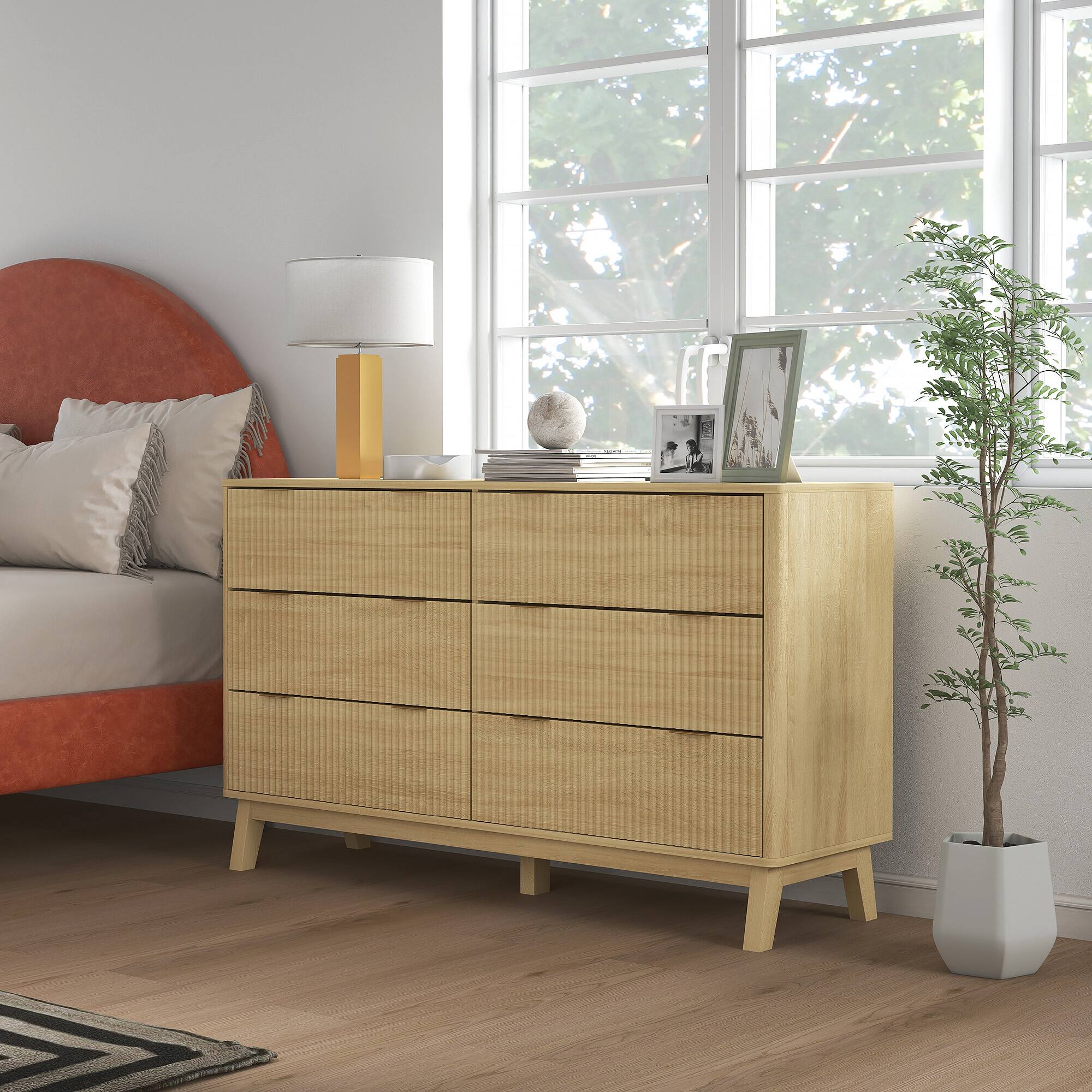 Alt View 7. Homcom - Fluted Dresser for Bedroom with 6 Drawers, 54" Wide Chest of Drawers with Gold Finger Pulls and 5 Wood Legs - Natural Wood.