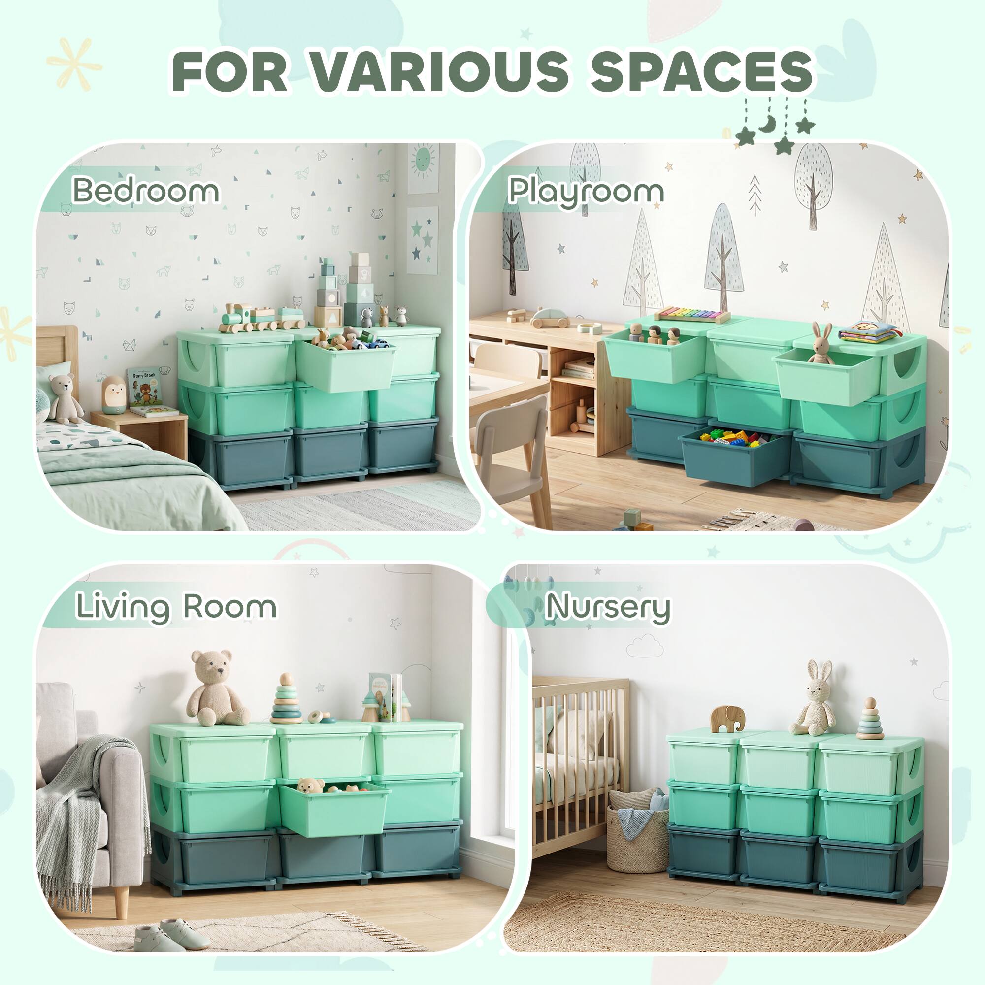 FOR VARIOUS SPACES

Bedroom

Playroom

Living Room

Nursery