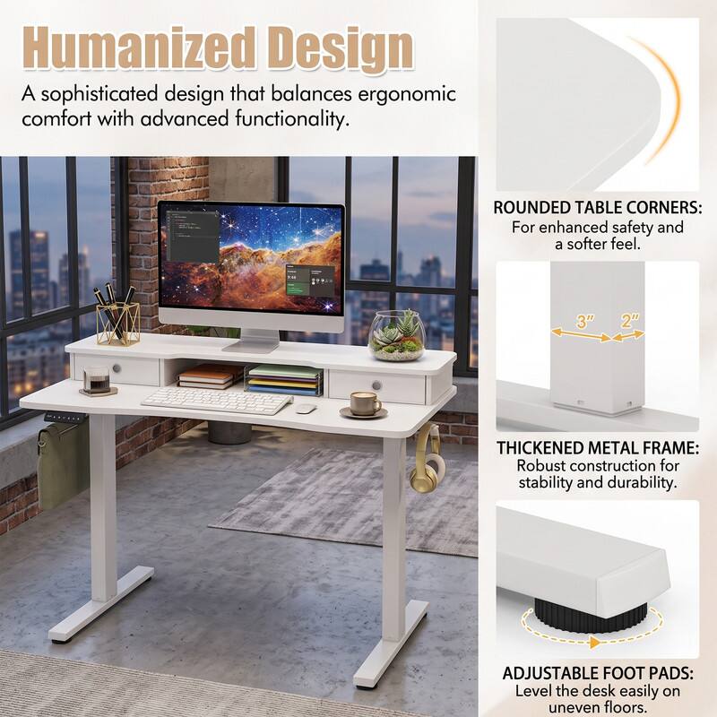 Humanized Design  
A sophisticated design that balances ergonomic comfort with advanced functionality.  

ROUNDED TABLE CORNERS:  
For enhanced safety and a softer feel.  

3" 2" THICKENED METAL FRAME:  
Robust construction for stability and durability.  

ADJUSTABLE FOOT PADS:  
Level the desk easily on uneven floors.